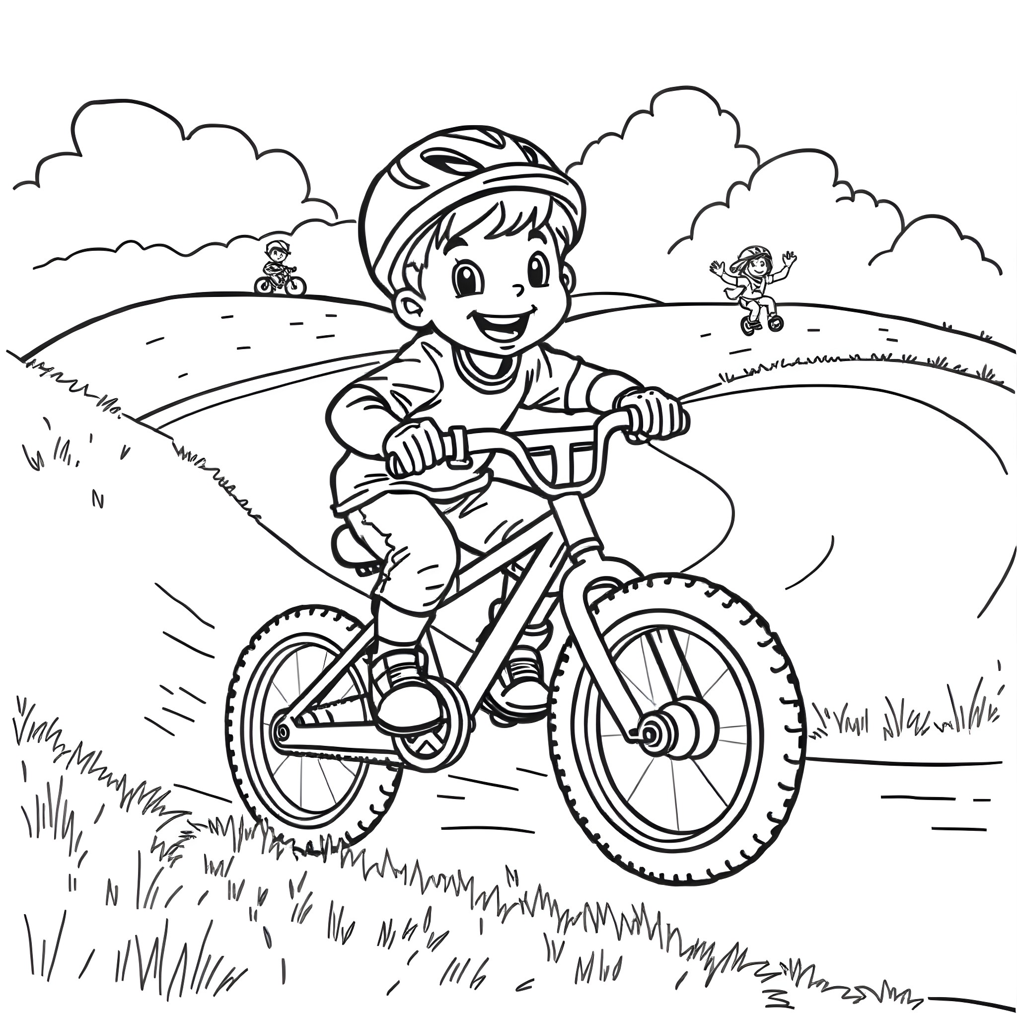 Child Riding Bicycle Through Scenic Outdoor Landscape Coloring Page (free black-and-white line drawing printable PDF for all, from beginners to advanced learners, including children, teens, adults, and seniors)