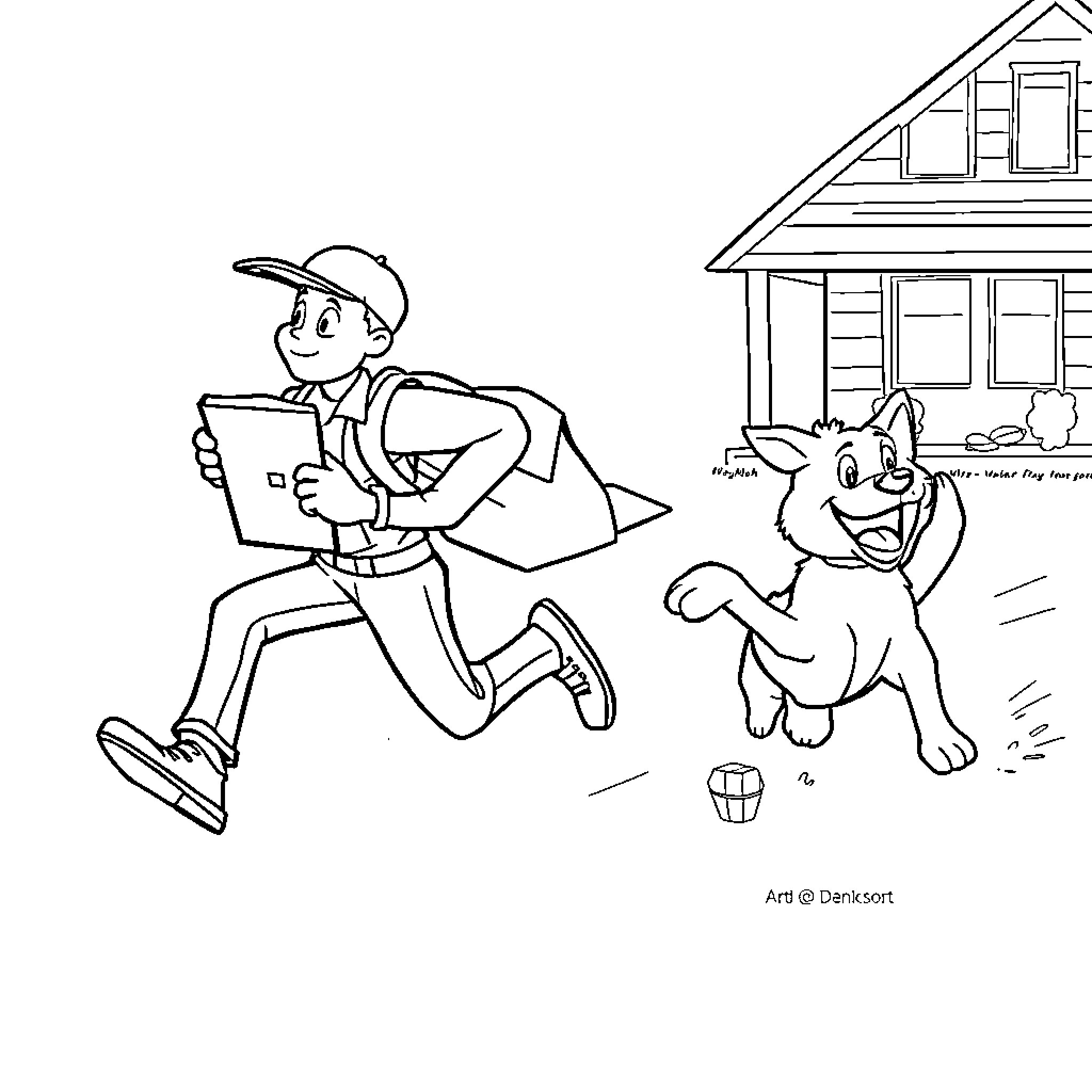 Mailman chasing playful dog near house Coloring Page (free black-and-white line drawing printable PDF for all, from beginners to advanced learners, including children, teens, adults, and seniors)