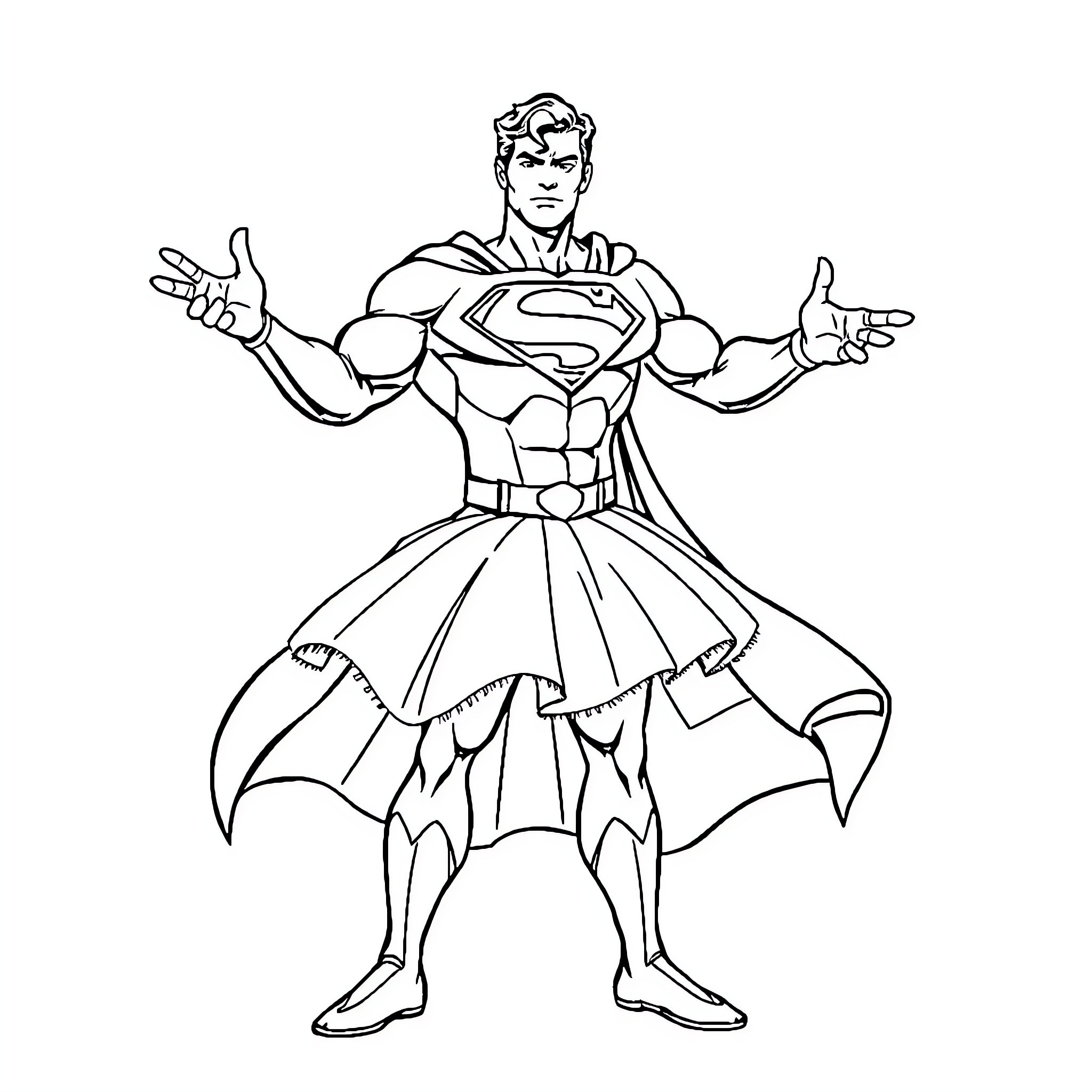 Superman striking an iconic heroic pose Coloring Page (free black-and-white line drawing printable PDF for all, from beginners to advanced learners, including children, teens, adults, and seniors)