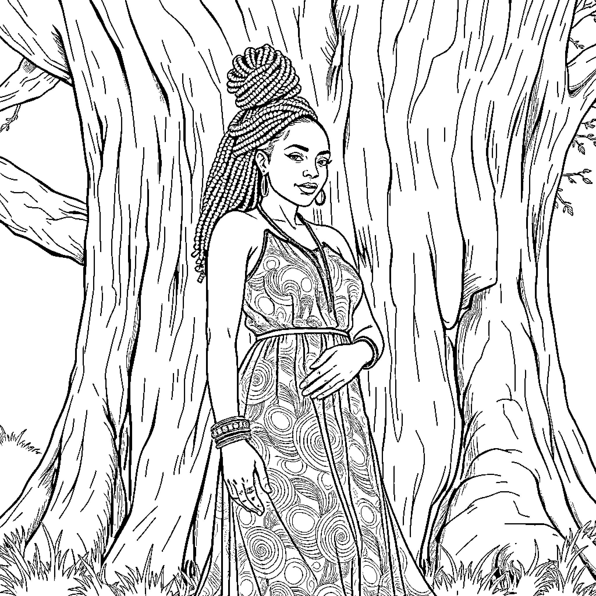 Woman posing amidst nature in ornate outfit Coloring Page (free black-and-white line drawing printable PDF for all, from beginners to advanced learners, including children, teens, adults, and seniors)