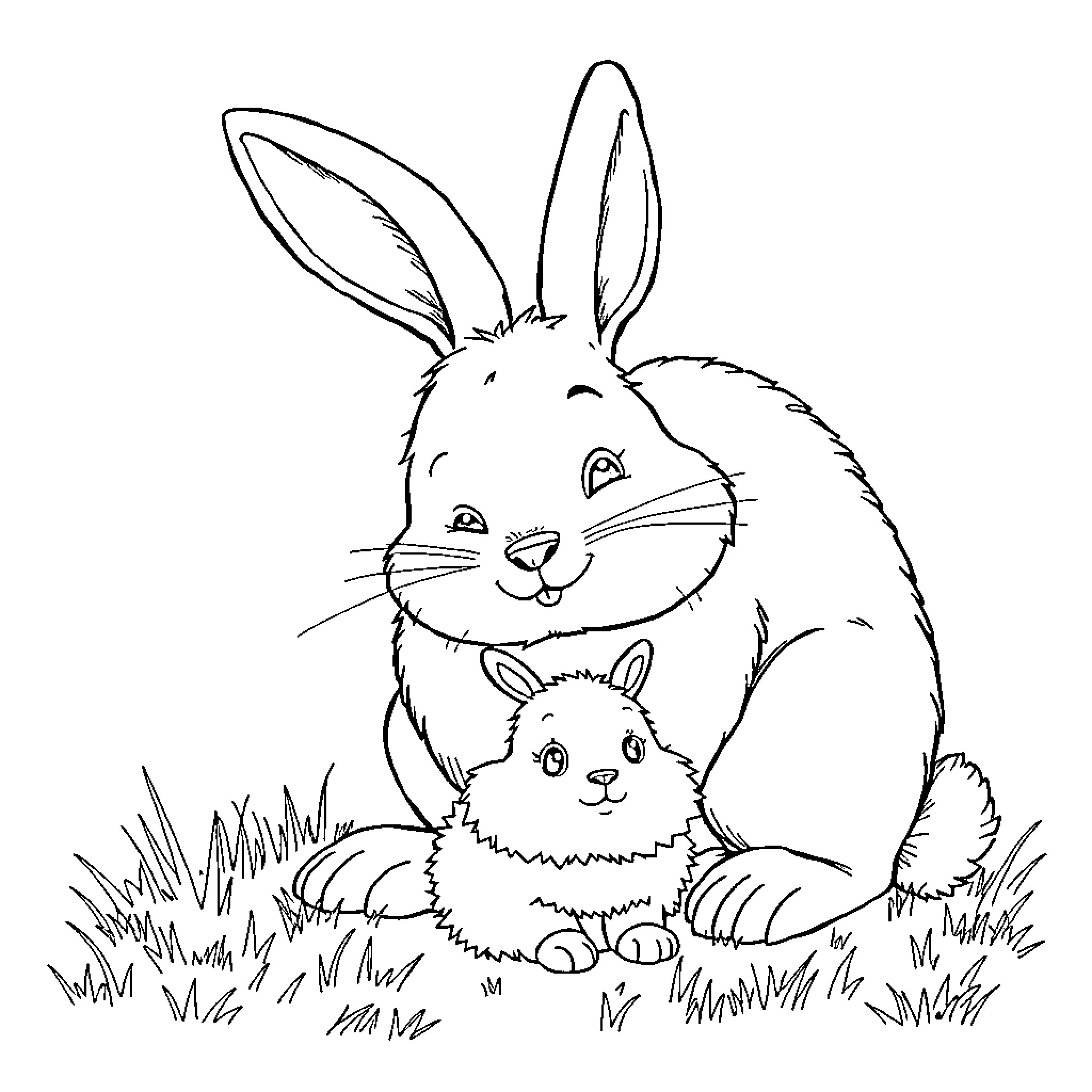 Rabbit and Kitten Playing in the Grass Coloring Page (free black-and-white line drawing printable PDF for all, from beginners to advanced learners, including children, teens, adults, and seniors)
