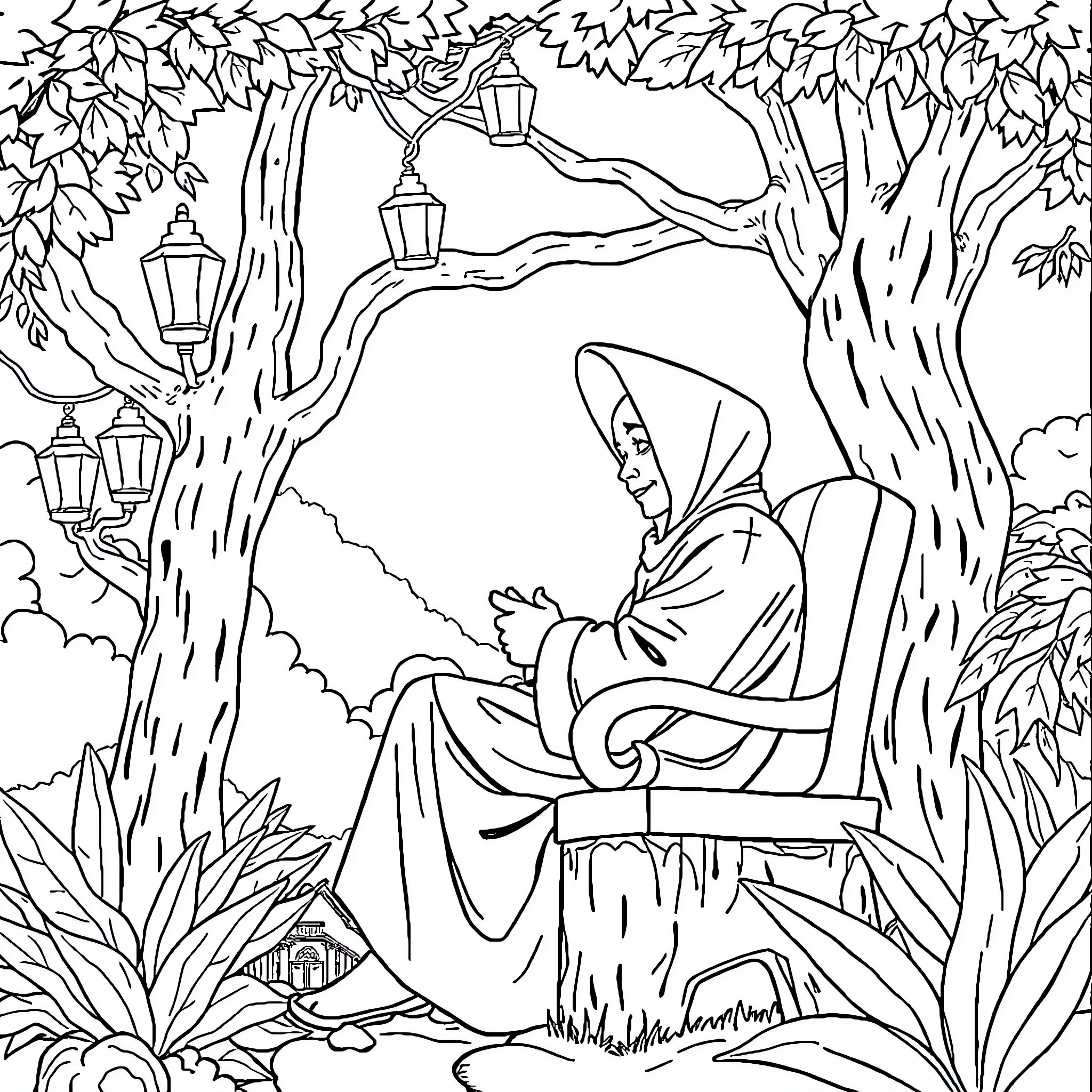 Pemuda in Enchanted Forest Solemnly Sitting Coloring Page (free black-and-white line drawing printable PDF for all, from beginners to advanced learners, including children, teens, adults, and seniors)
