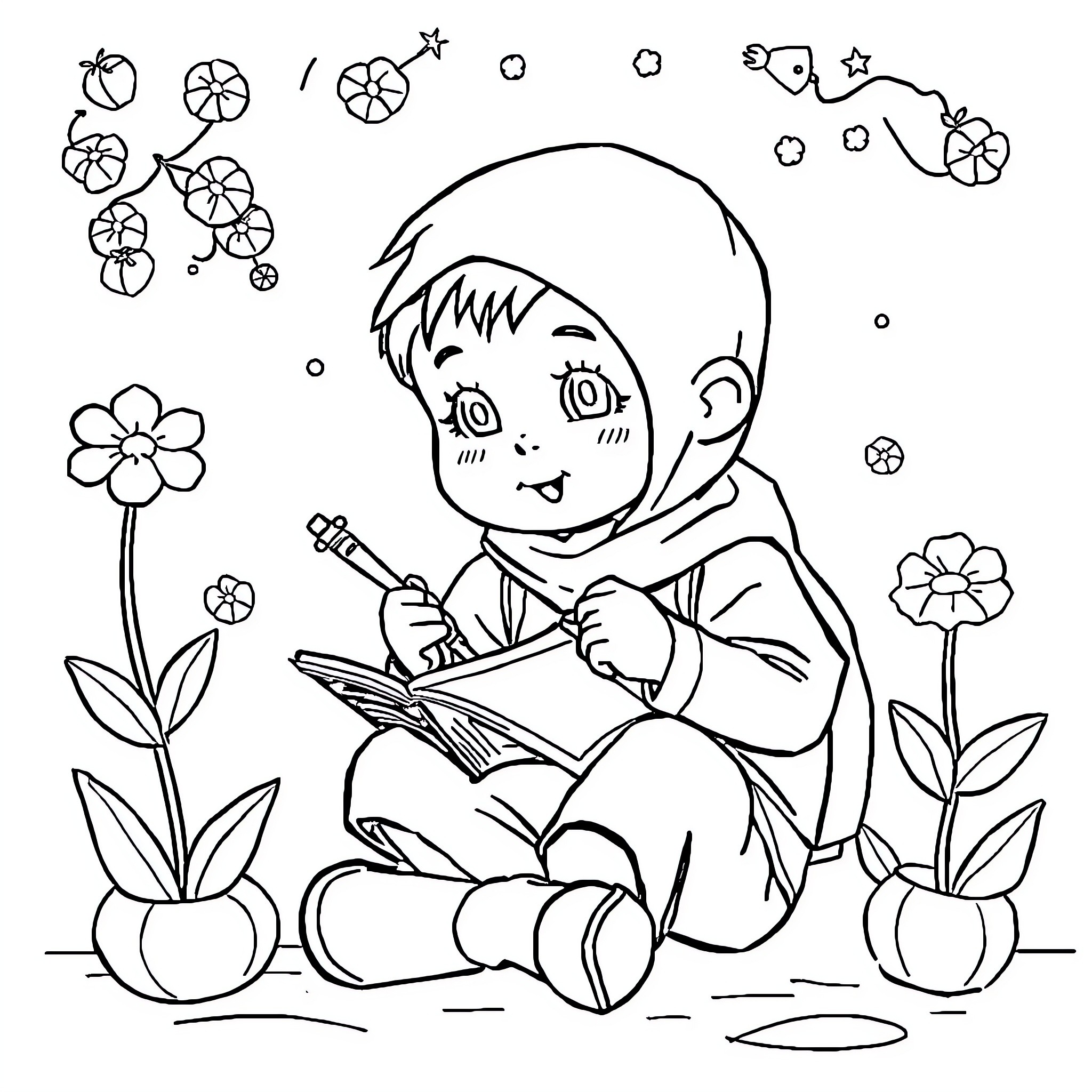 Student creating artwork amidst nature Coloring Page (free black-and-white line drawing printable PDF for all, from beginners to advanced learners, including children, teens, adults, and seniors)