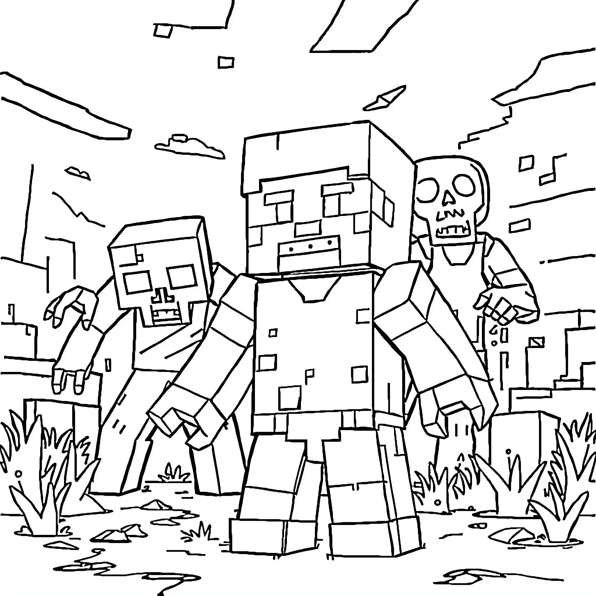 Steve's Minecraft Adventure with Zombie Neighbors Coloring Page (free black-and-white line drawing printable PDF for all, from beginners to advanced learners, including children, teens, adults, and seniors)
