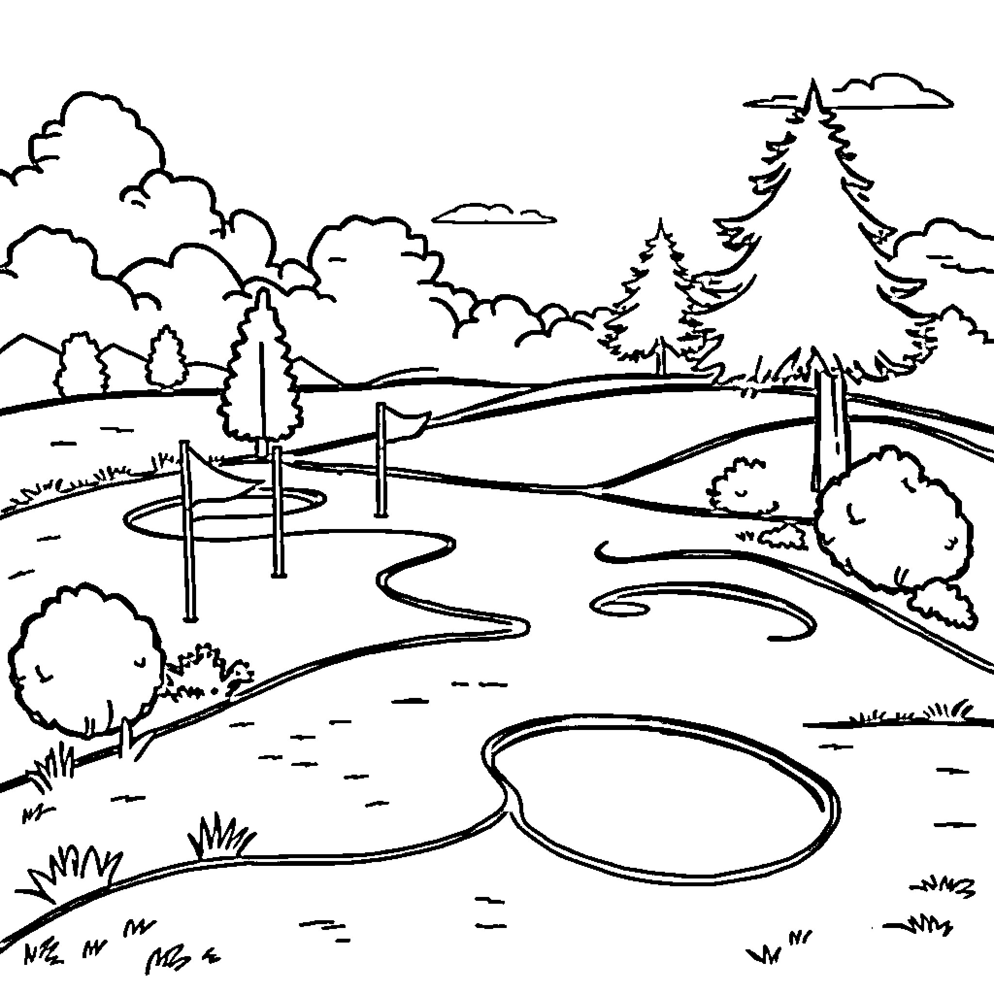Golf Course Scenic Landscape in Monochrome Coloring Page (free black-and-white line drawing printable PDF for all, from beginners to advanced learners, including children, teens, adults, and seniors)