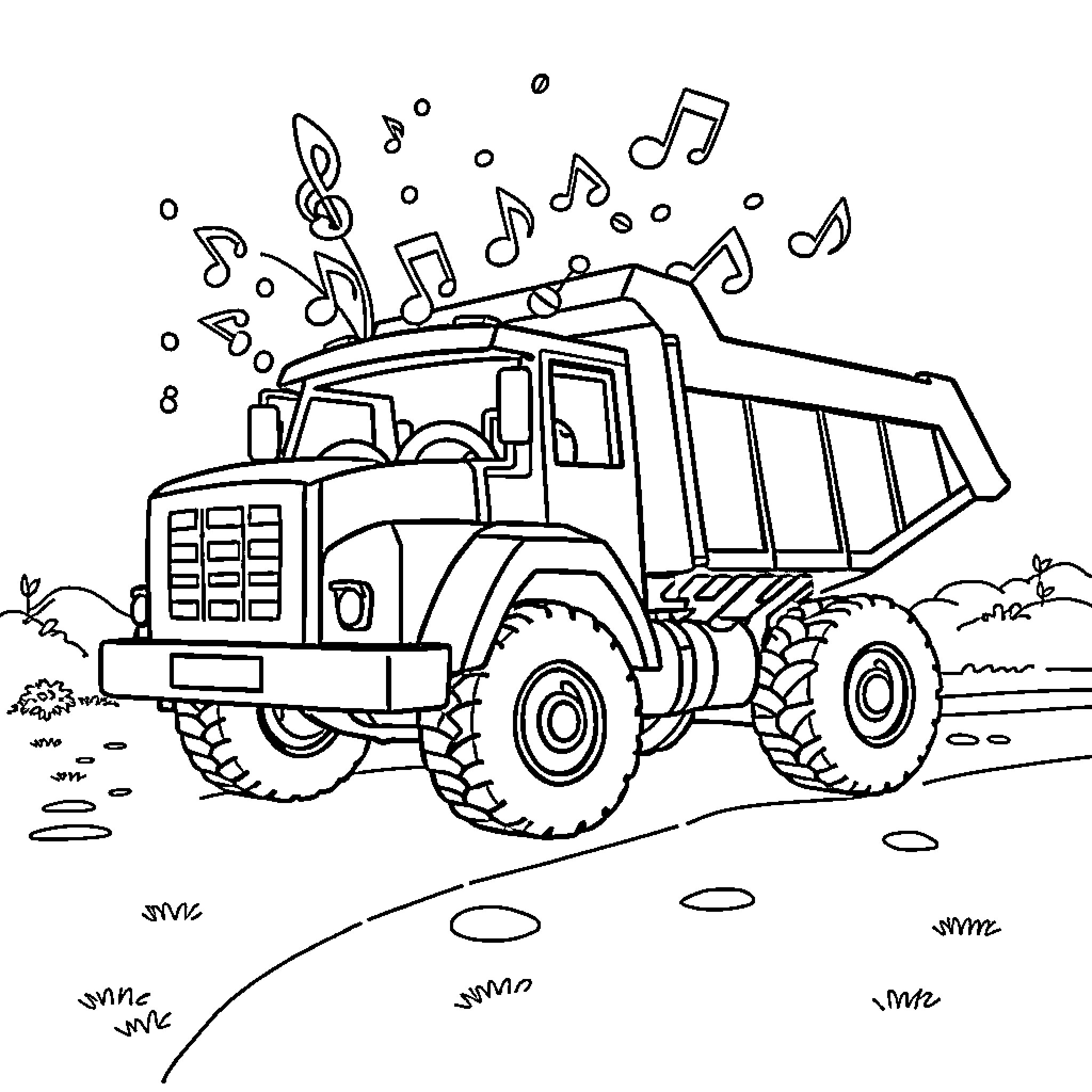 Musical Note Truck Hauling Singing Notes Coloring Page (free black-and-white line drawing printable PDF for all, from beginners to advanced learners, including children, teens, adults, and seniors)