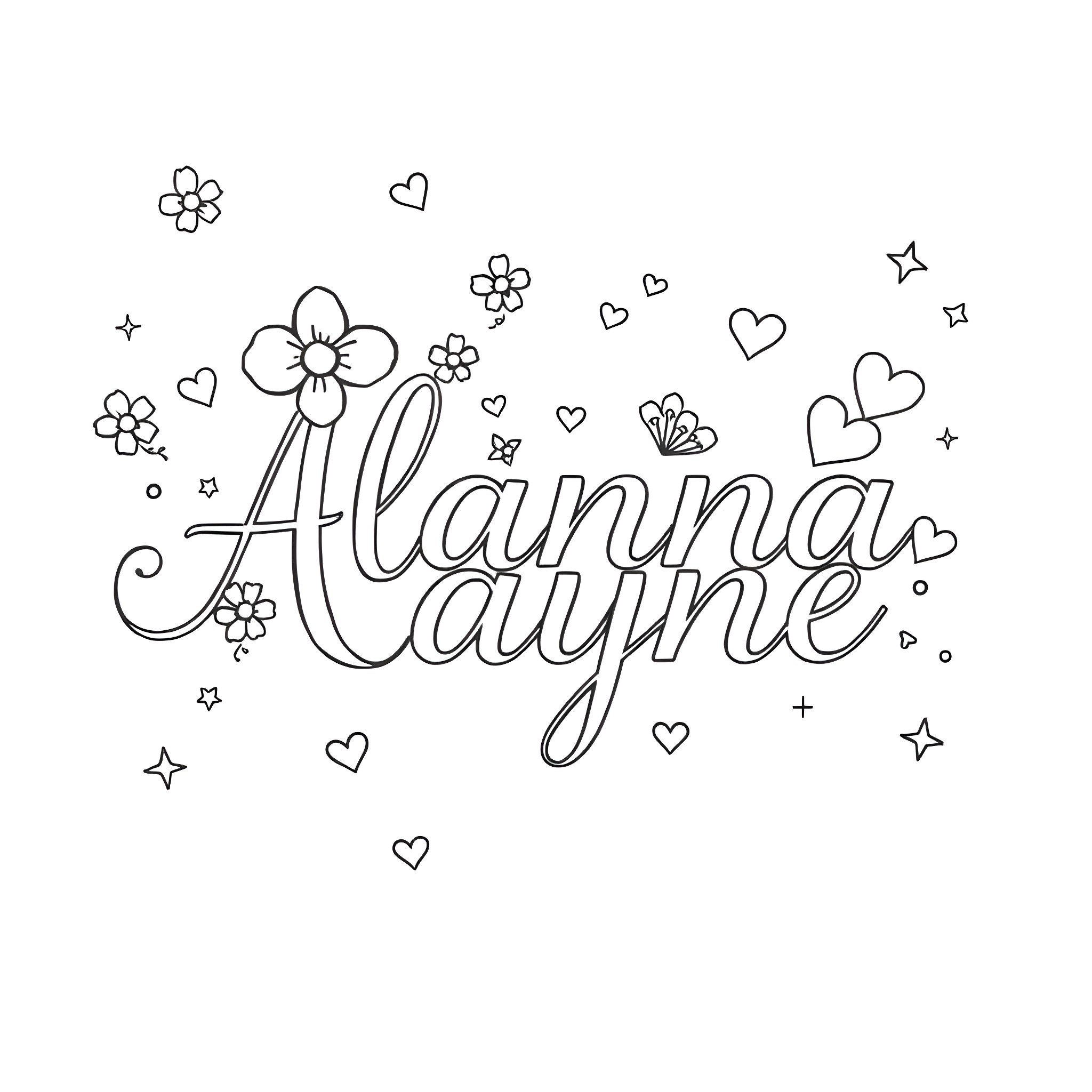 Cursive Font with Floral Decorations Coloring Page (free black-and-white line drawing printable PDF for all, from beginners to advanced learners, including children, teens, adults, and seniors)