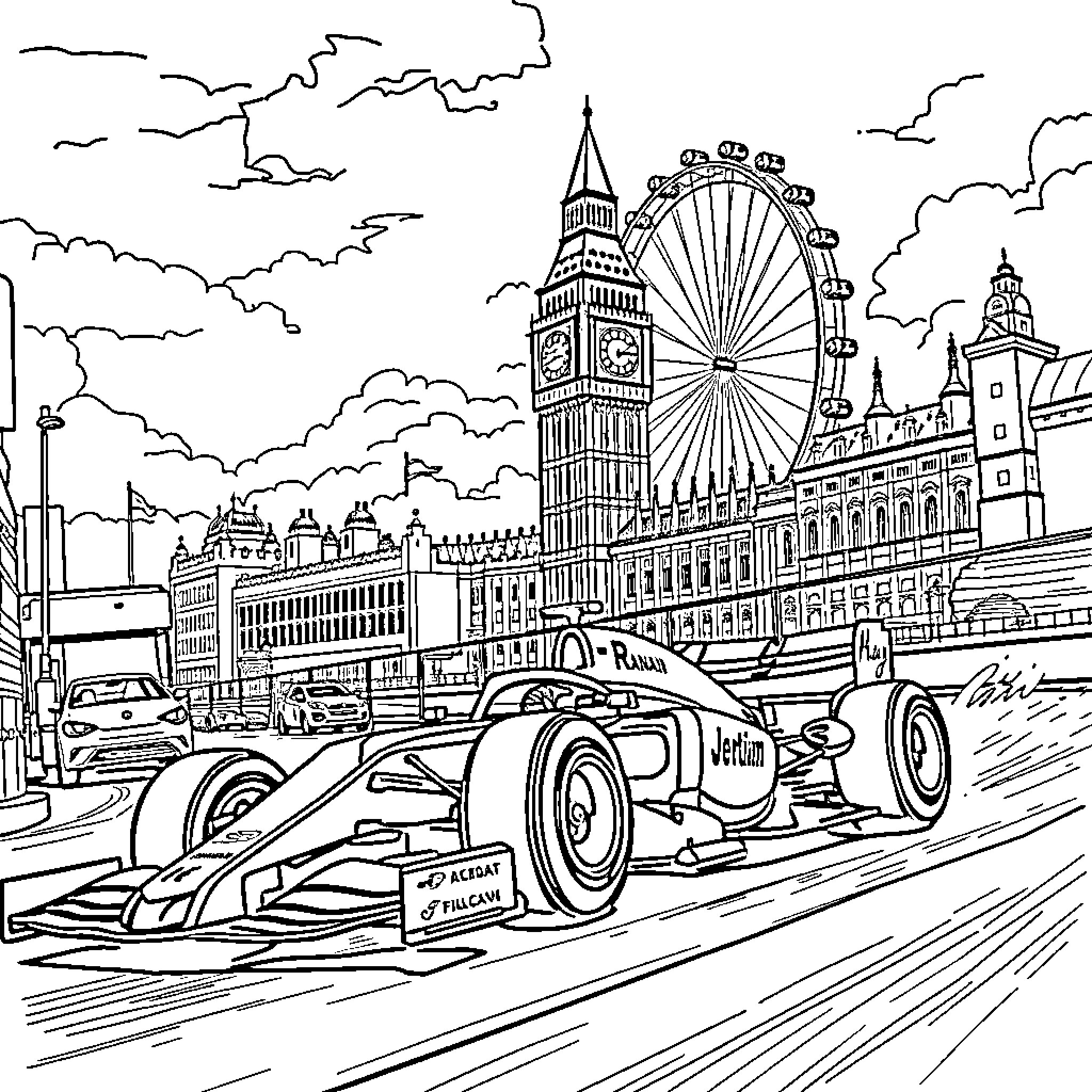 F1 Car racing through iconic London cityscape Coloring Page (free black-and-white line drawing printable PDF for all, from beginners to advanced learners, including children, teens, adults, and seniors)