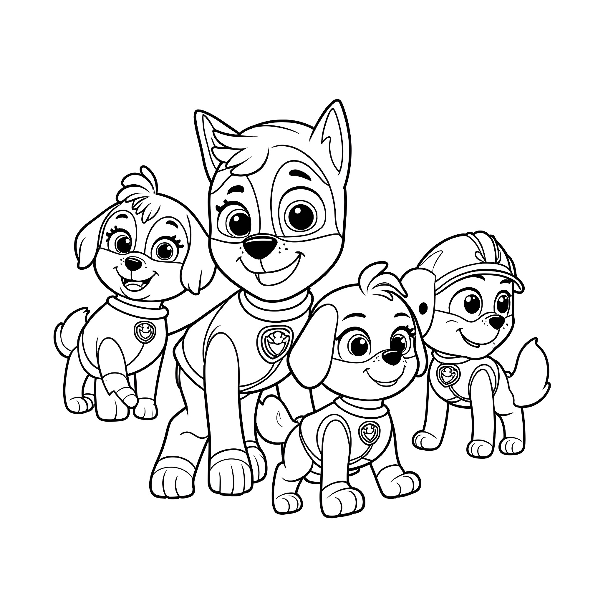 Spidey's heroic pups on a mission Coloring Page (free black-and-white line drawing printable PDF for all, from beginners to advanced learners, including children, teens, adults, and seniors)