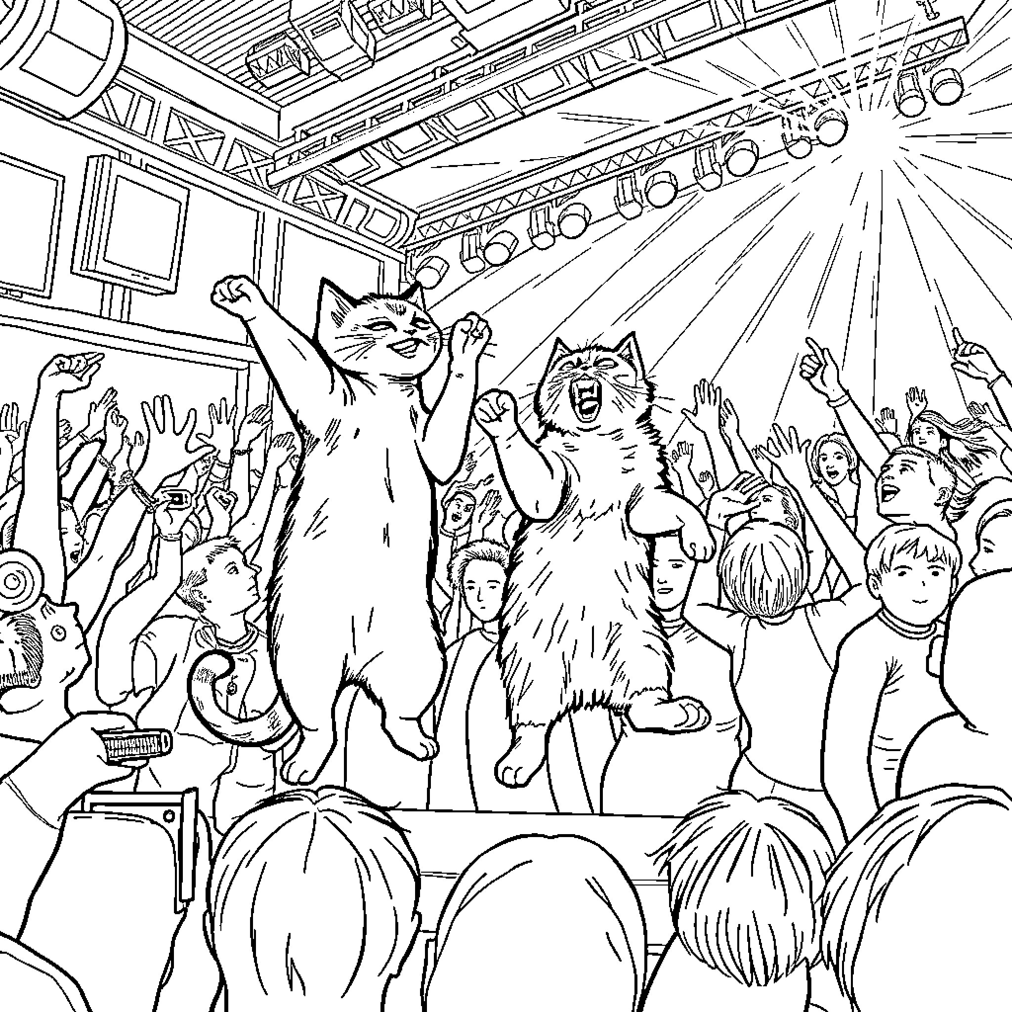 Cats Rocking Out with a Crowd Coloring Page (free black-and-white line drawing printable PDF for all, from beginners to advanced learners, including children, teens, adults, and seniors)