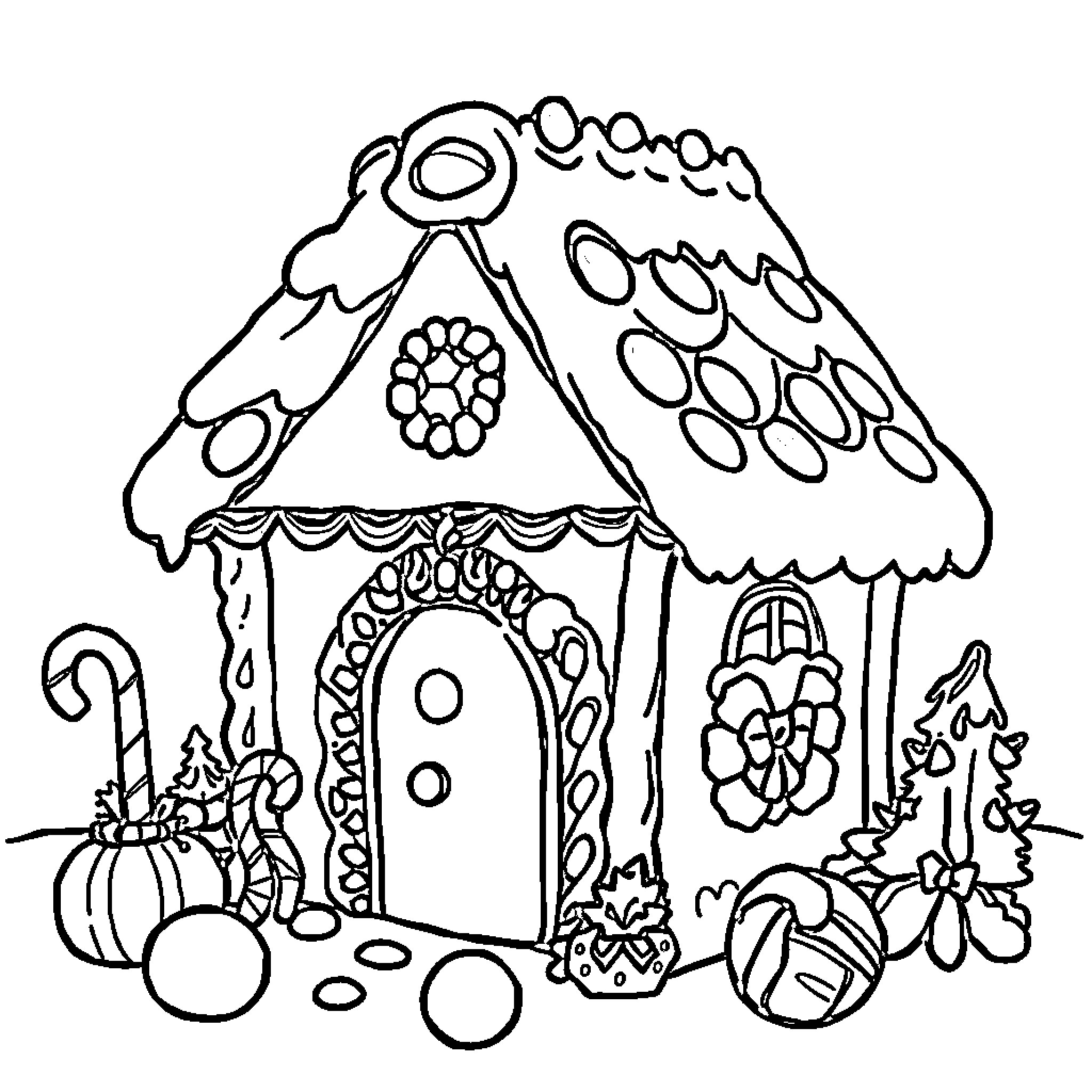 Gingerbread House with Intricate Decorations Coloring Page (free black-and-white line drawing printable PDF for all, from beginners to advanced learners, including children, teens, adults, and seniors)