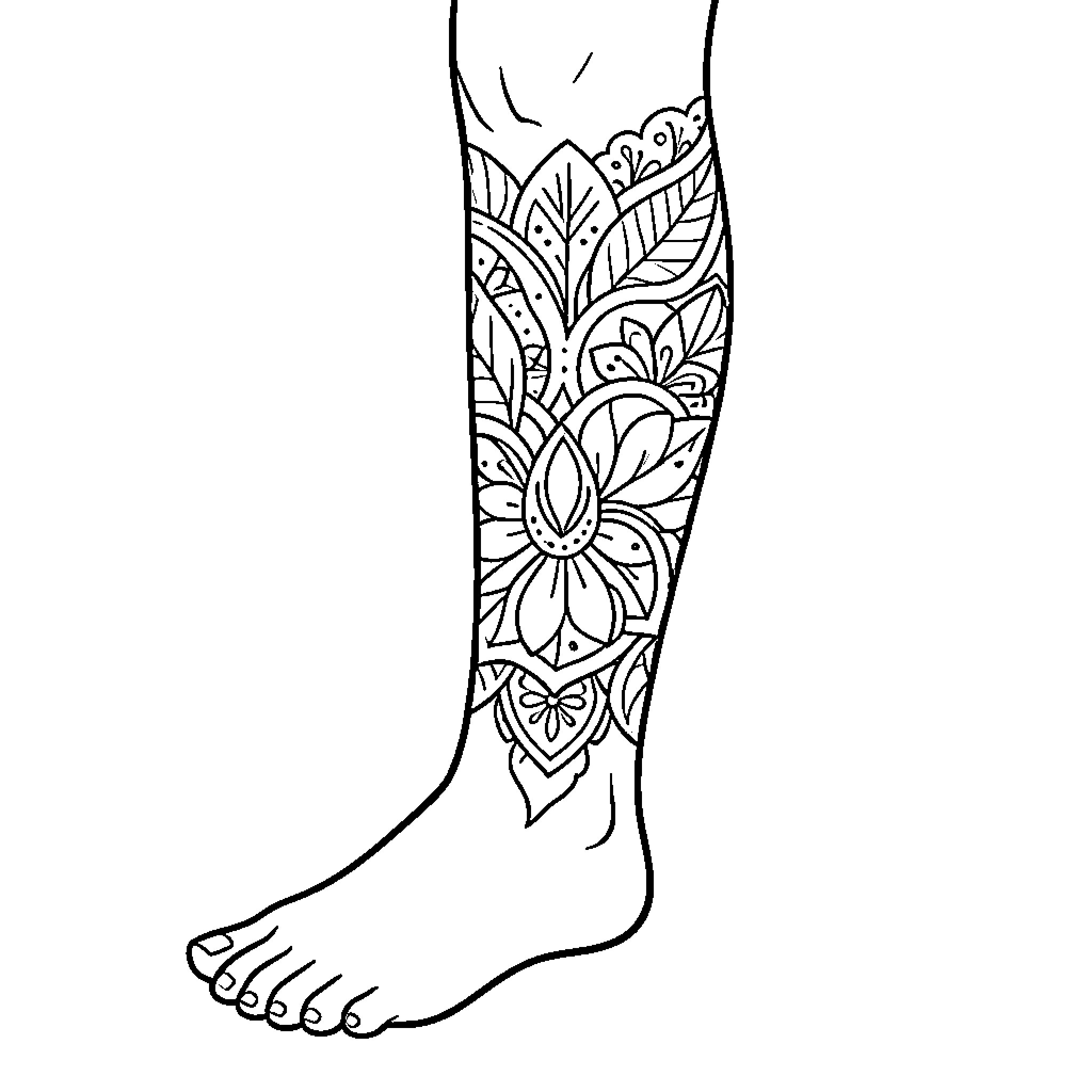 Tattoo of floral patterns on a leg Coloring Page (free black-and-white line drawing printable PDF for all, from beginners to advanced learners, including children, teens, adults, and seniors)