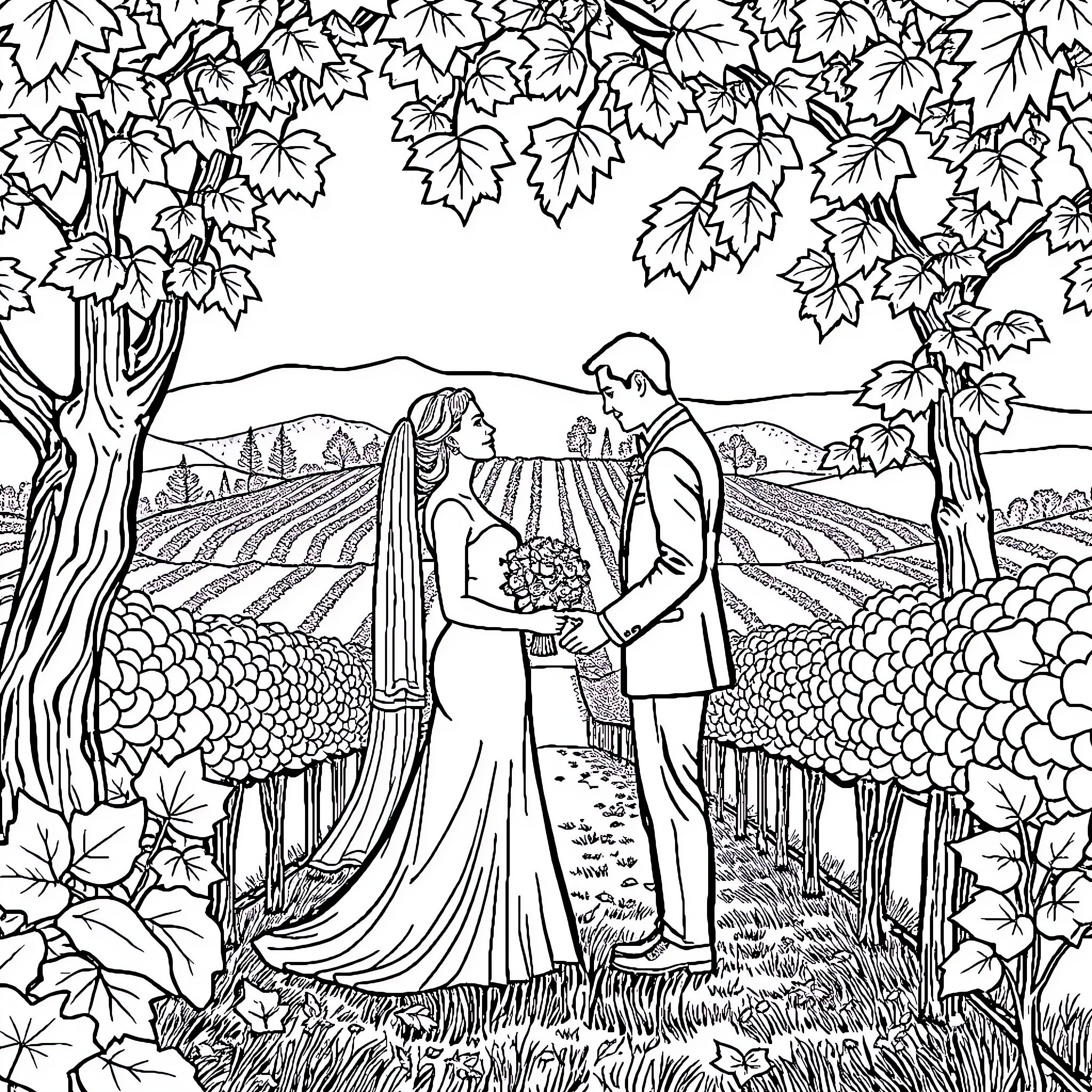 Wedding Ceremony in Pastoral Landscape Coloring Page (free black-and-white line drawing printable PDF for all, from beginners to advanced learners, including children, teens, adults, and seniors)