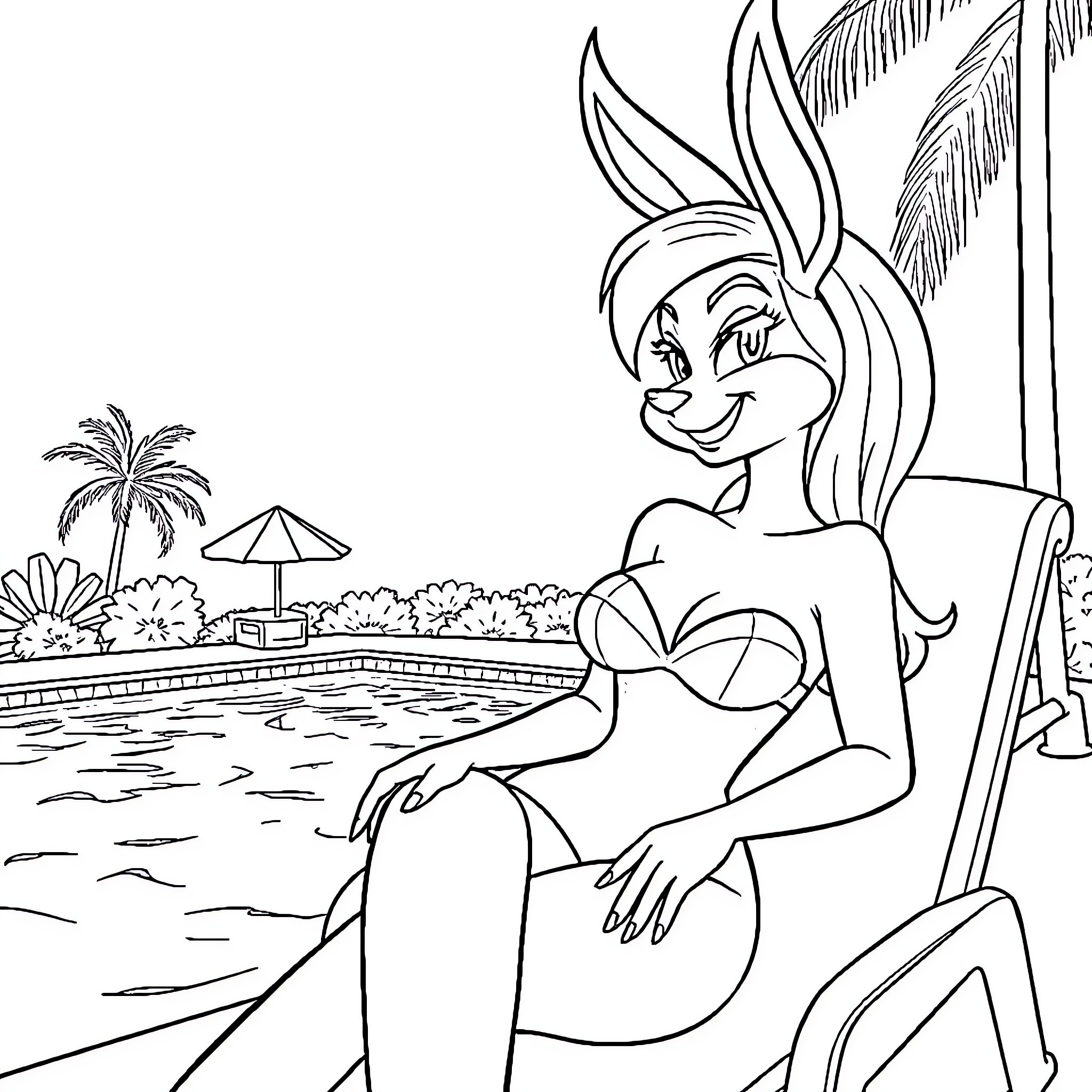 Jessica Rabbit relaxing by the pool Coloring Page (free black-and-white line drawing printable PDF for all, from beginners to advanced learners, including children, teens, adults, and seniors)