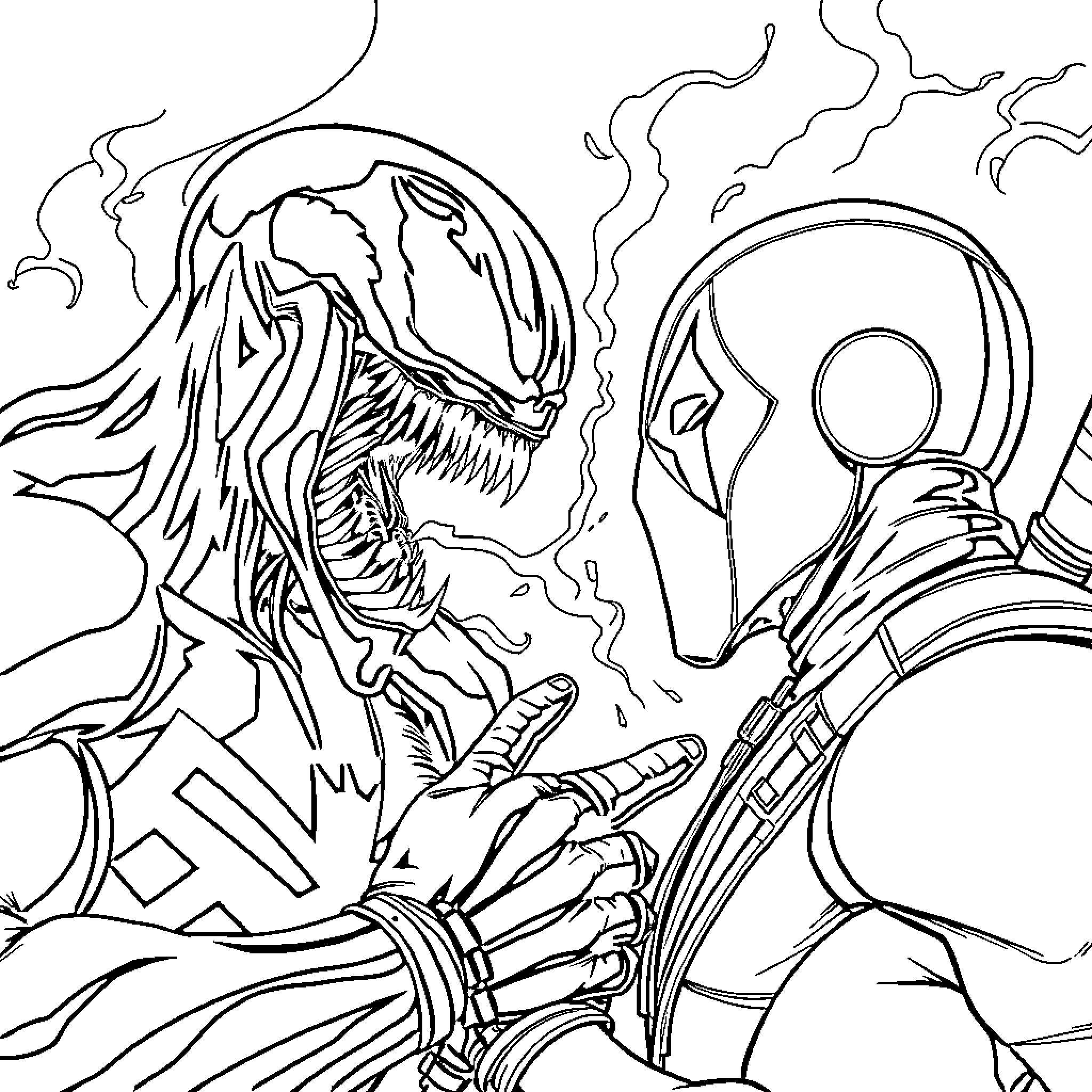 Venom confronting a mysterious figure in the shadows Coloring Page (free black-and-white line drawing printable PDF for all, from beginners to advanced learners, including children, teens, adults, and seniors)