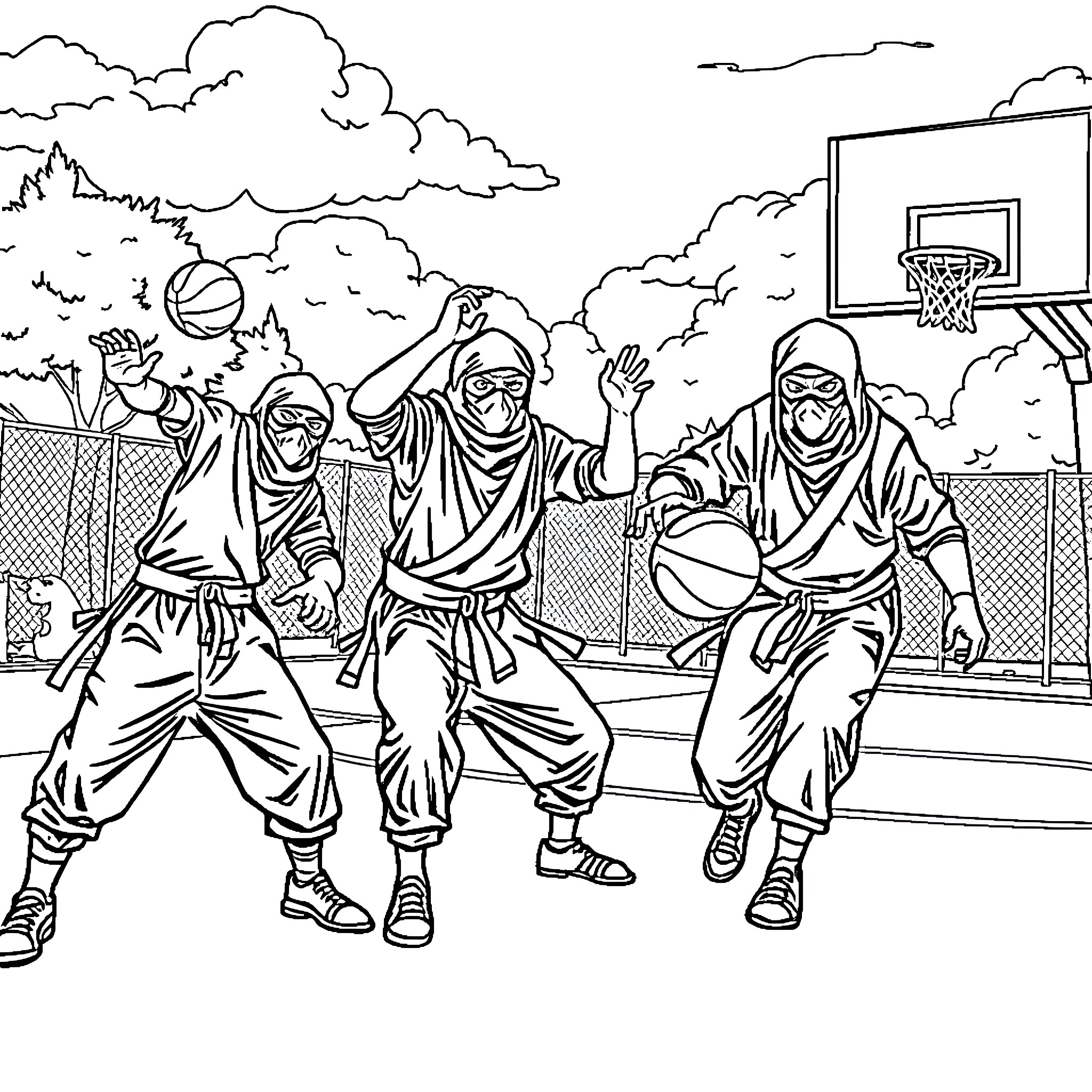 Ninja Basketball Players Engage in a Lively Game Coloring Page (free black-and-white line drawing printable PDF for all, from beginners to advanced learners, including children, teens, adults, and seniors)