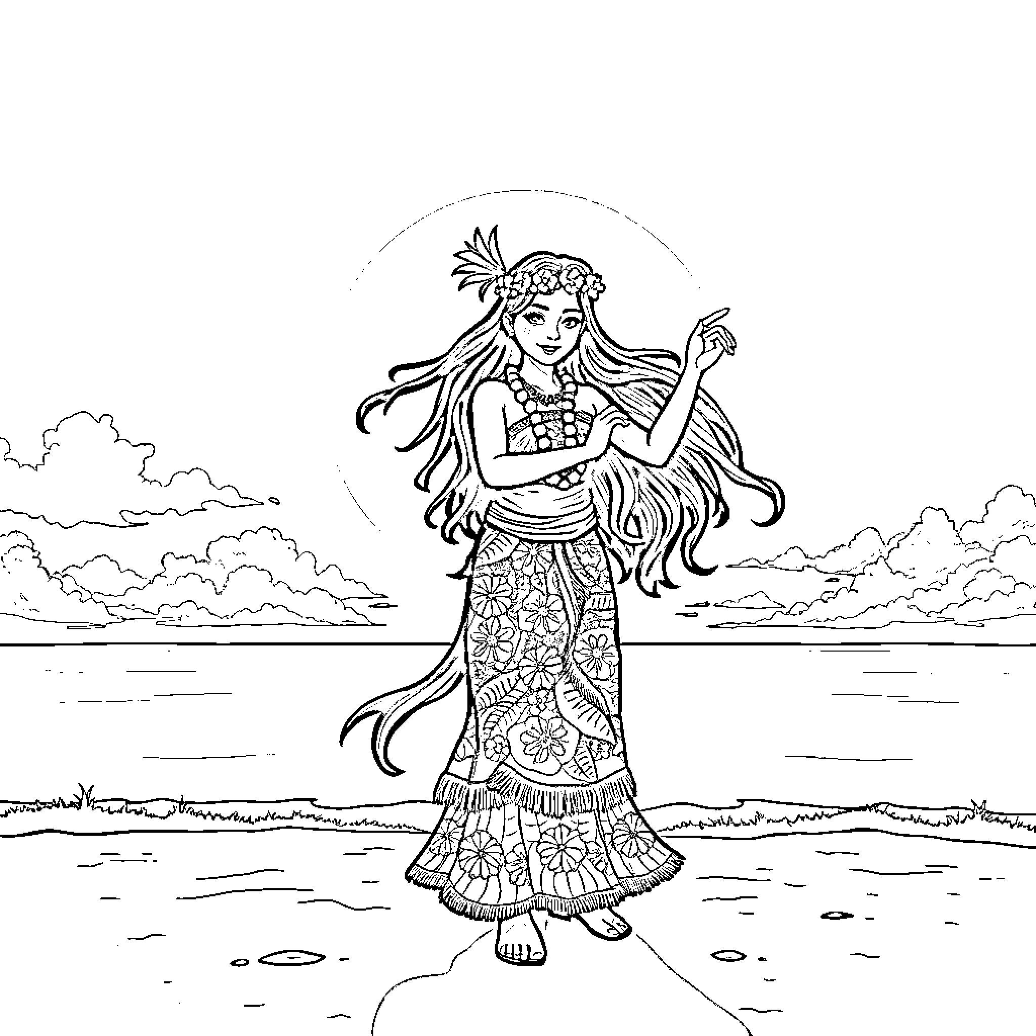Island Girl Dancing Gracefully by the Sea Coloring Page (free black-and-white line drawing printable PDF for all, from beginners to advanced learners, including children, teens, adults, and seniors)