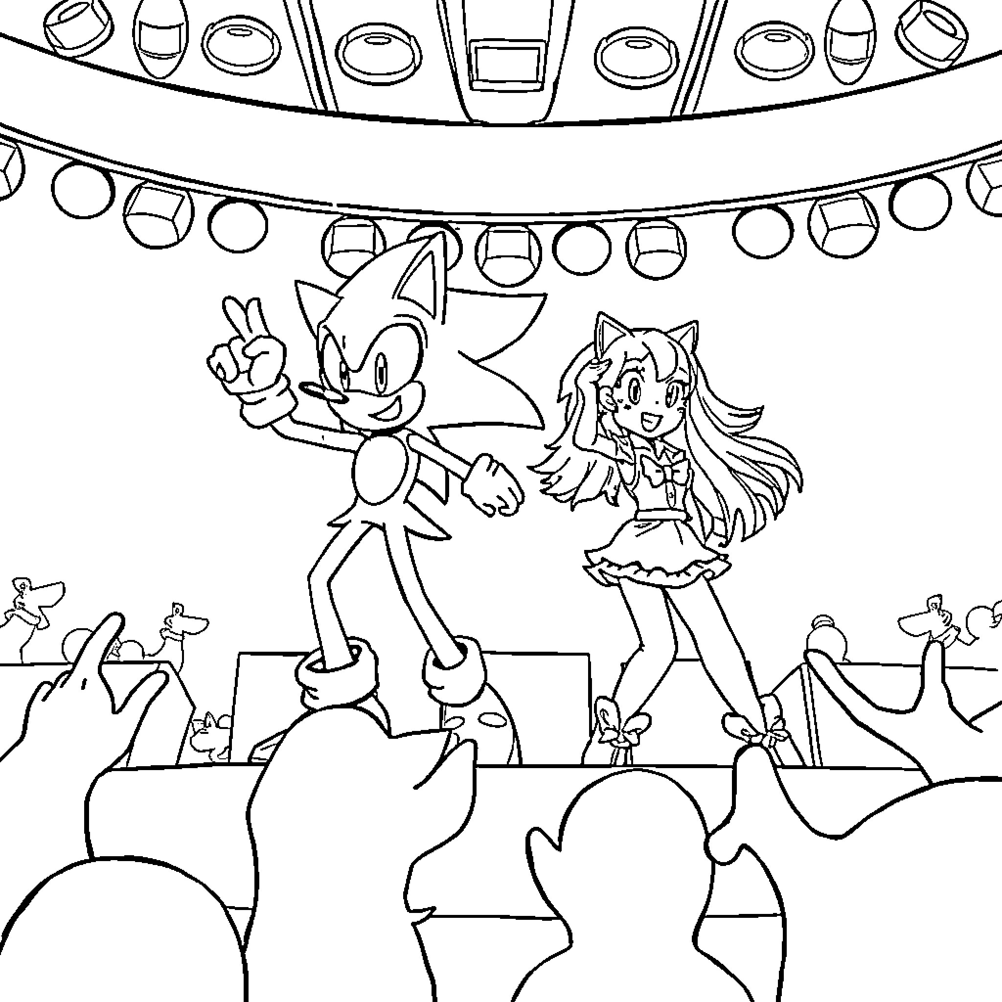 Sonic and friend performing on a stage Coloring Page (free black-and-white line drawing printable PDF for all, from beginners to advanced learners, including children, teens, adults, and seniors)