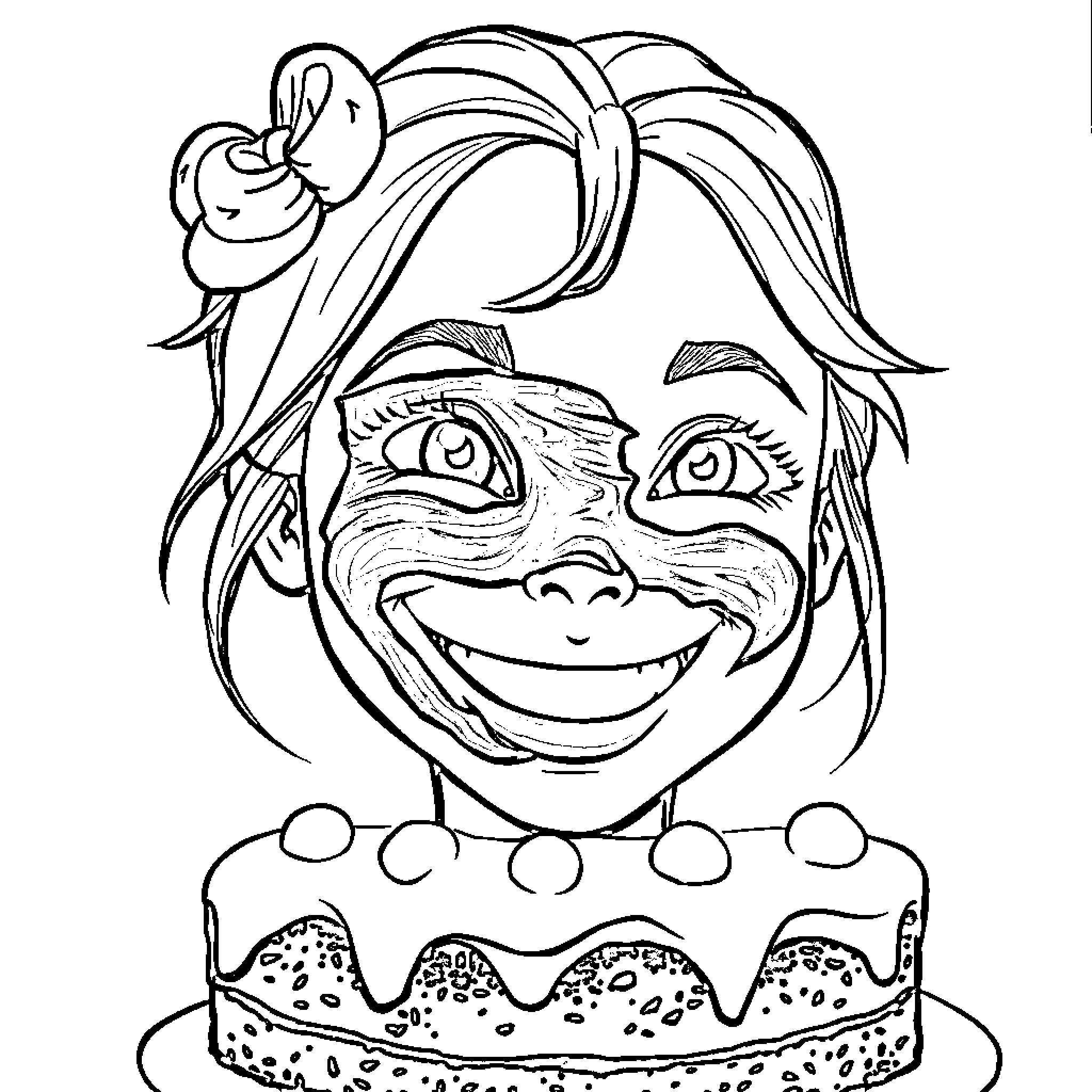 Cake with a Smiling Troll Character Coloring Page (free black-and-white line drawing printable PDF for all, from beginners to advanced learners, including children, teens, adults, and seniors)