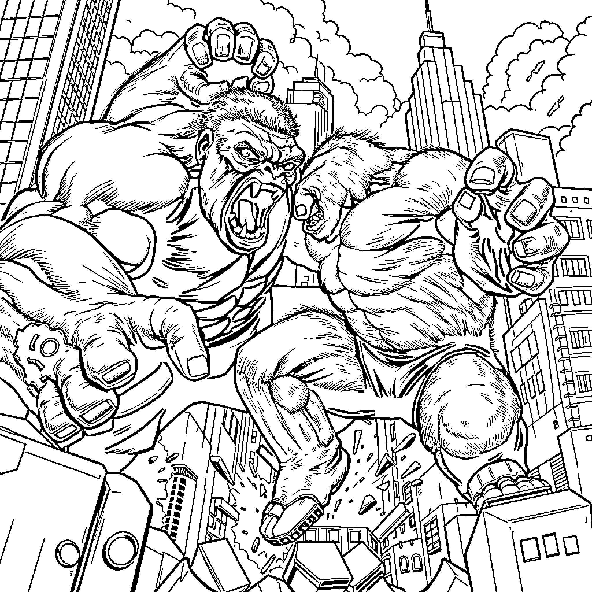 Hulk Smashing Through the City in Rage Coloring Page (free black-and-white line drawing printable PDF for all, from beginners to advanced learners, including children, teens, adults, and seniors)