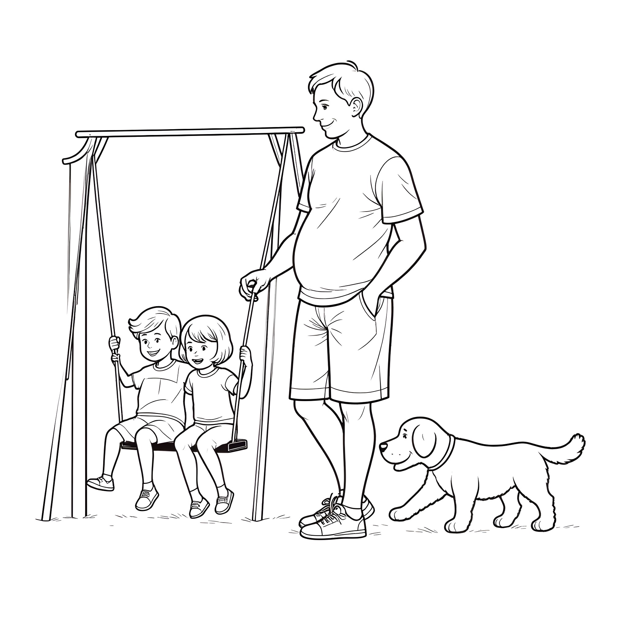 Grandfather playing with grandchildren on a swing Coloring Page (free black-and-white line drawing printable PDF for all, from beginners to advanced learners, including children, teens, adults, and seniors)