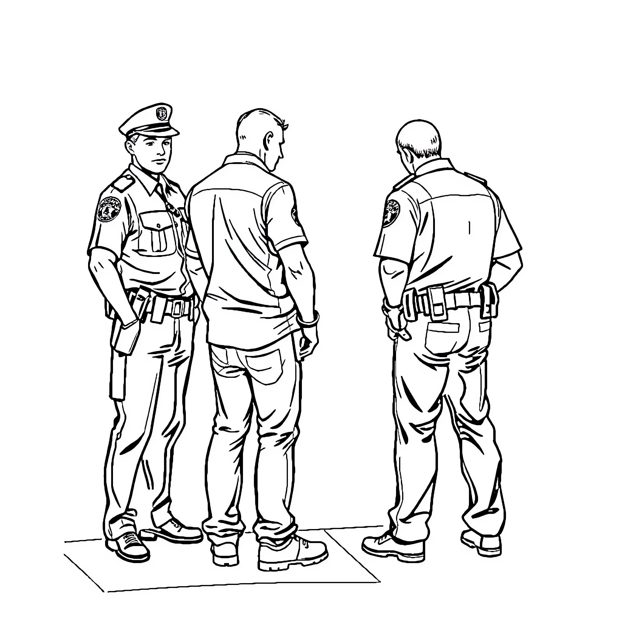 Police Officers Interacting with Suspect Coloring Page (free black-and-white line drawing printable PDF for all, from beginners to advanced learners, including children, teens, adults, and seniors)