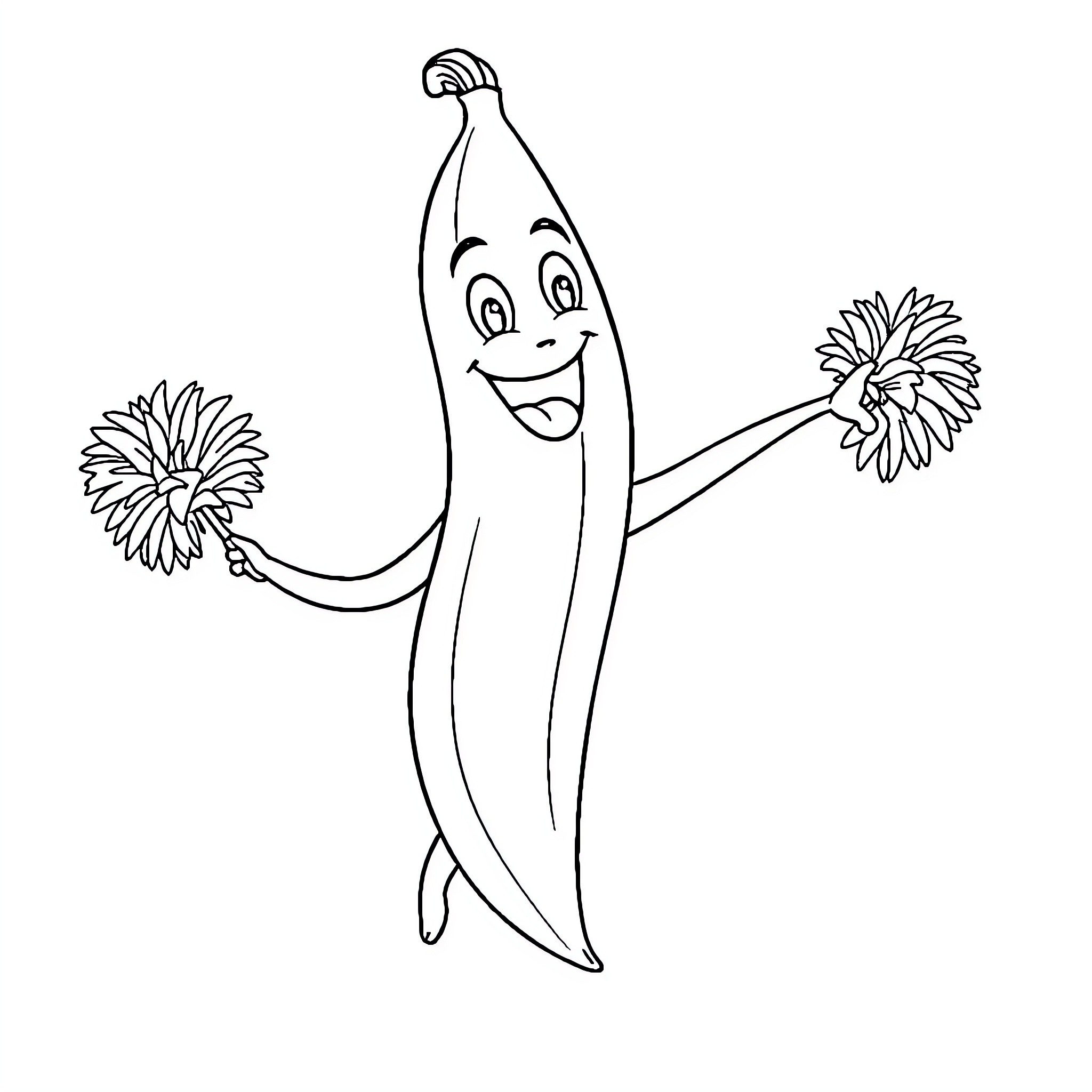 Banana happily dancing with flowers Coloring Page (free black-and-white line drawing printable PDF for all, from beginners to advanced learners, including children, teens, adults, and seniors)