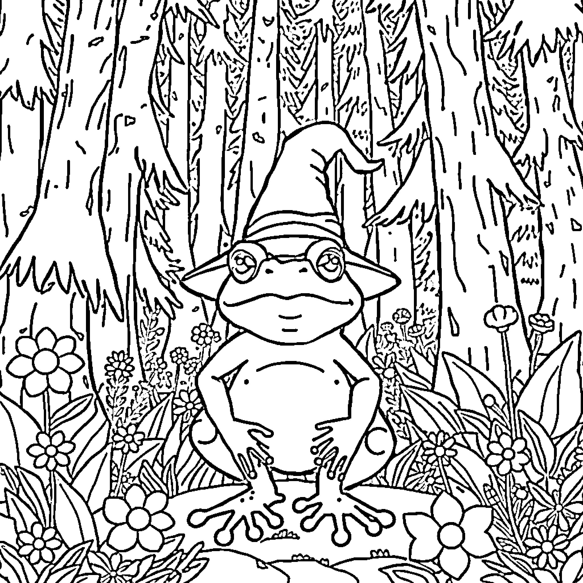 Frog wearing a hat in a whimsical forest scene Coloring Page (free black-and-white line drawing printable PDF for all, from beginners to advanced learners, including children, teens, adults, and seniors)