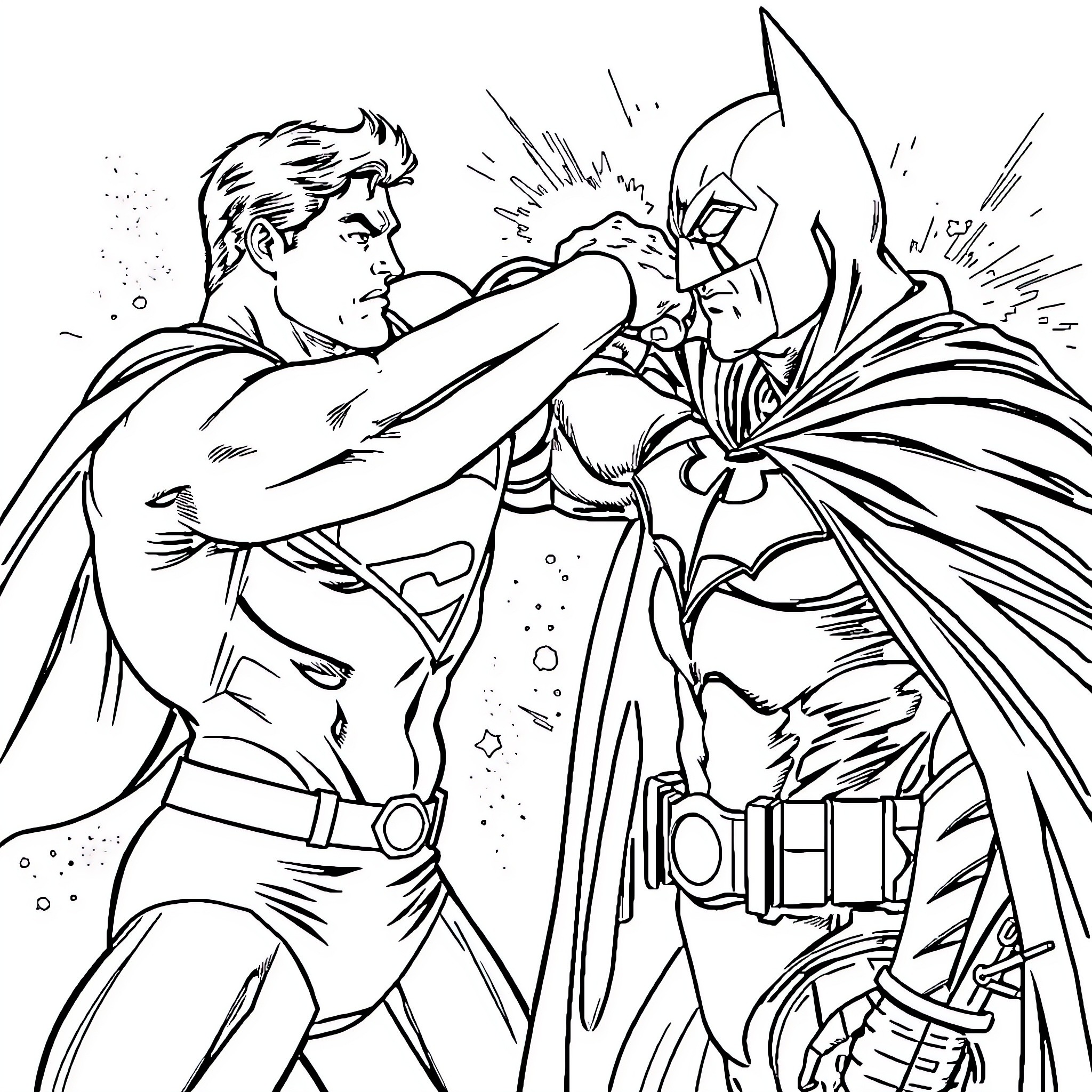 Superman and Batman Engaged in Intense Battle Coloring Page (free black-and-white line drawing printable PDF for all, from beginners to advanced learners, including children, teens, adults, and seniors)
