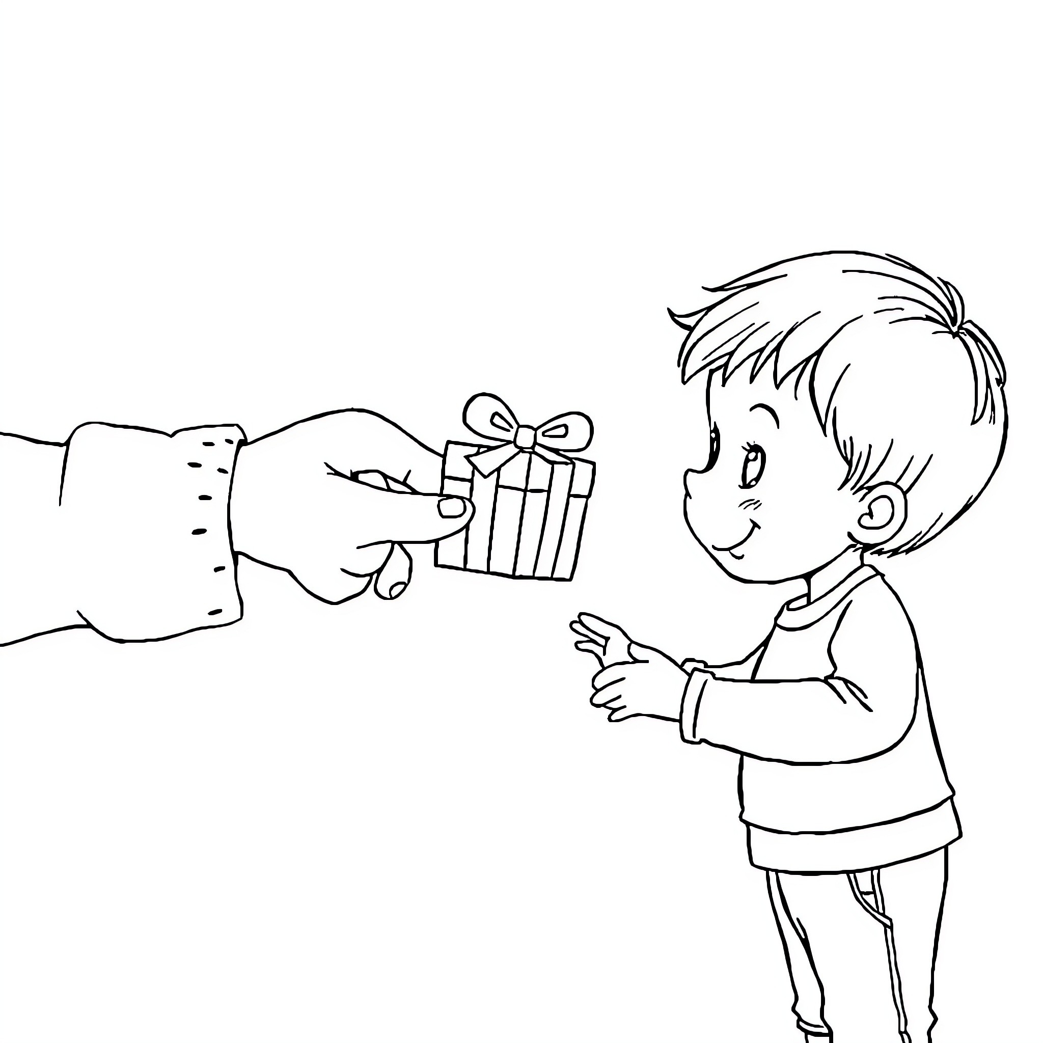Child Hand Receiving Gift from Adult Coloring Page (free black-and-white line drawing printable PDF for all, from beginners to advanced learners, including children, teens, adults, and seniors)