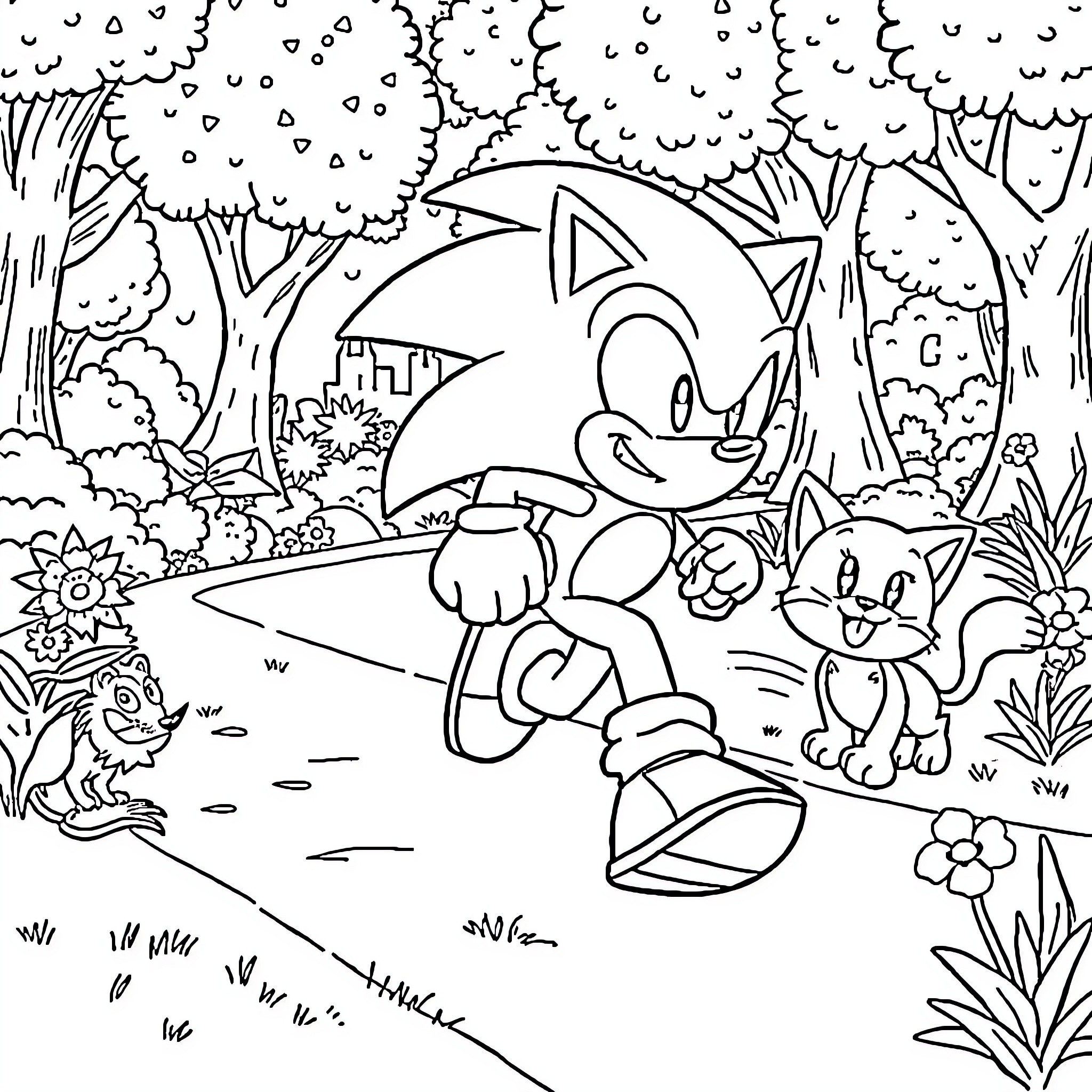 Sonic's Adventure in the Enchanted Forest Coloring Page (free black-and-white line drawing printable PDF for all, from beginners to advanced learners, including children, teens, adults, and seniors)