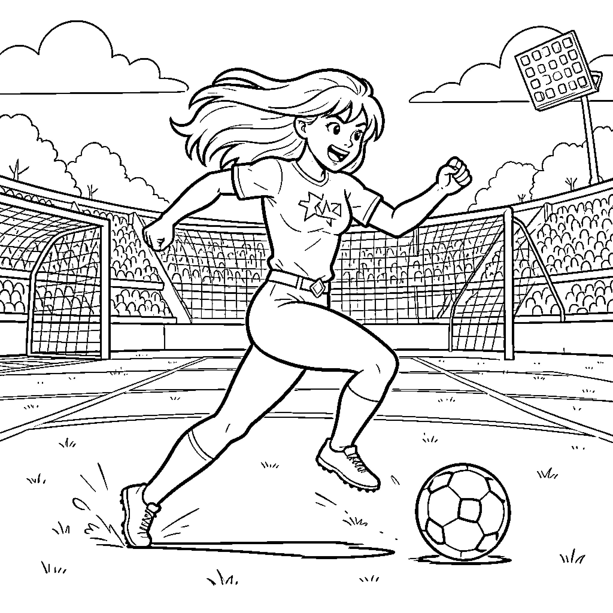 Starfire playing soccer in a crowded stadium Coloring Page (free black-and-white line drawing printable PDF for all, from beginners to advanced learners, including children, teens, adults, and seniors)
