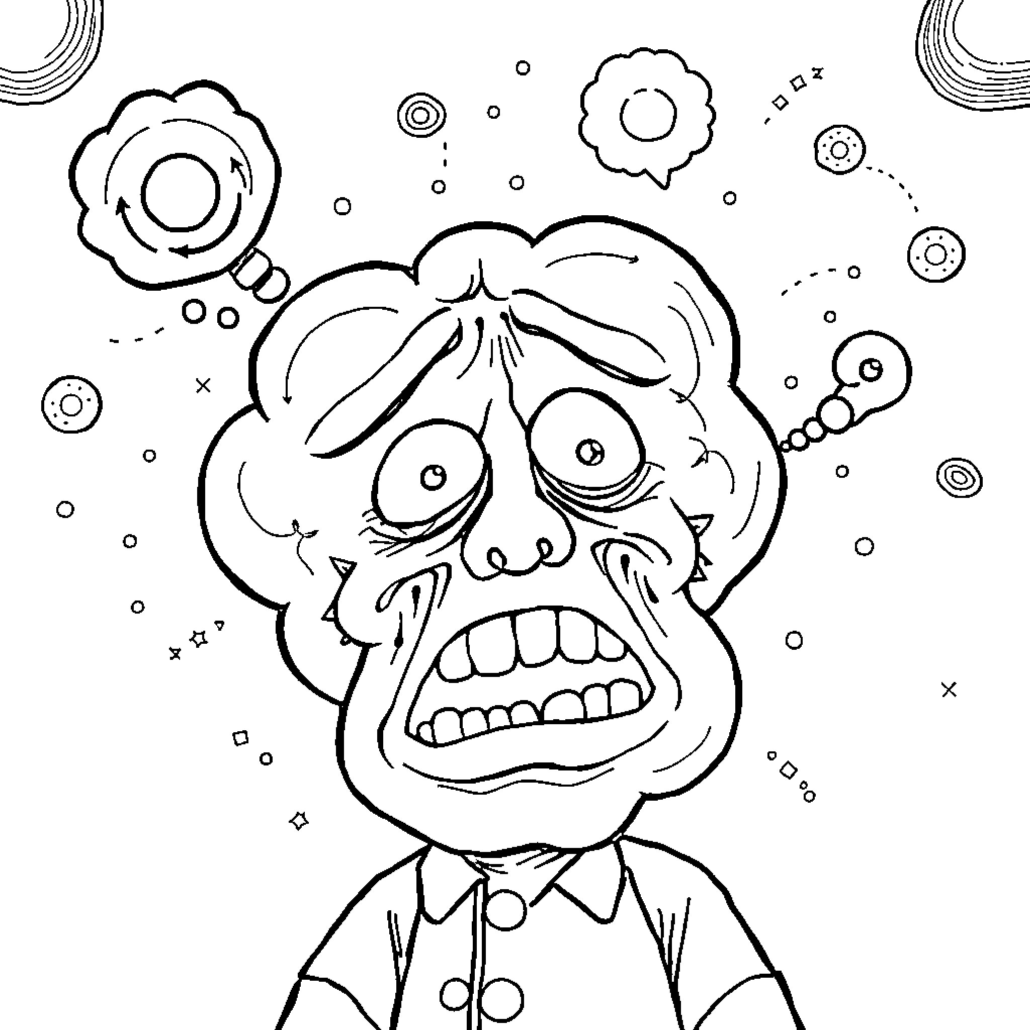 Brain of a perplexed and frazzled man Coloring Page (free black-and-white line drawing printable PDF for all, from beginners to advanced learners, including children, teens, adults, and seniors)