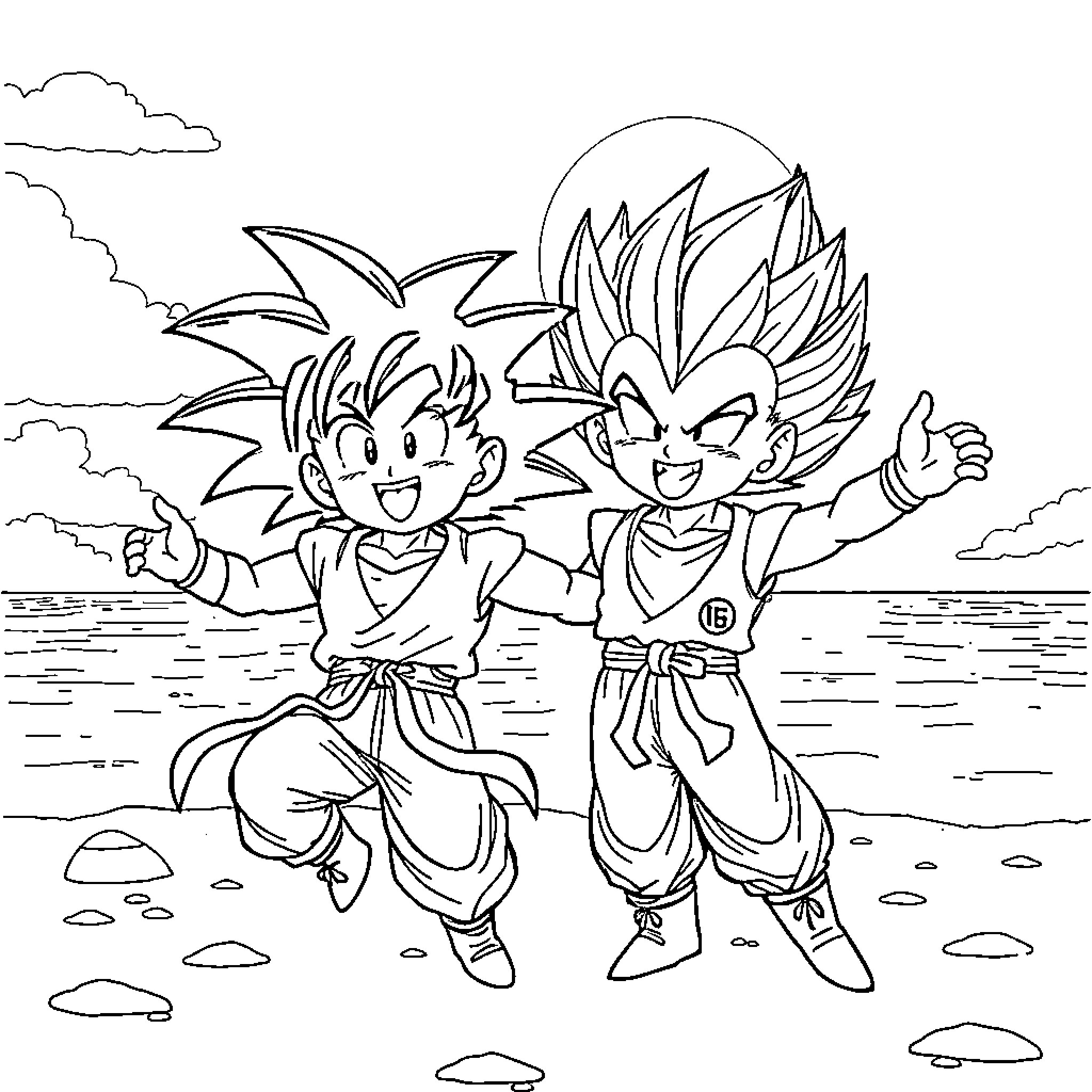Funko Figures of Anime Characters in Playful Poses Coloring Page (free black-and-white line drawing printable PDF for all, from beginners to advanced learners, including children, teens, adults, and seniors)