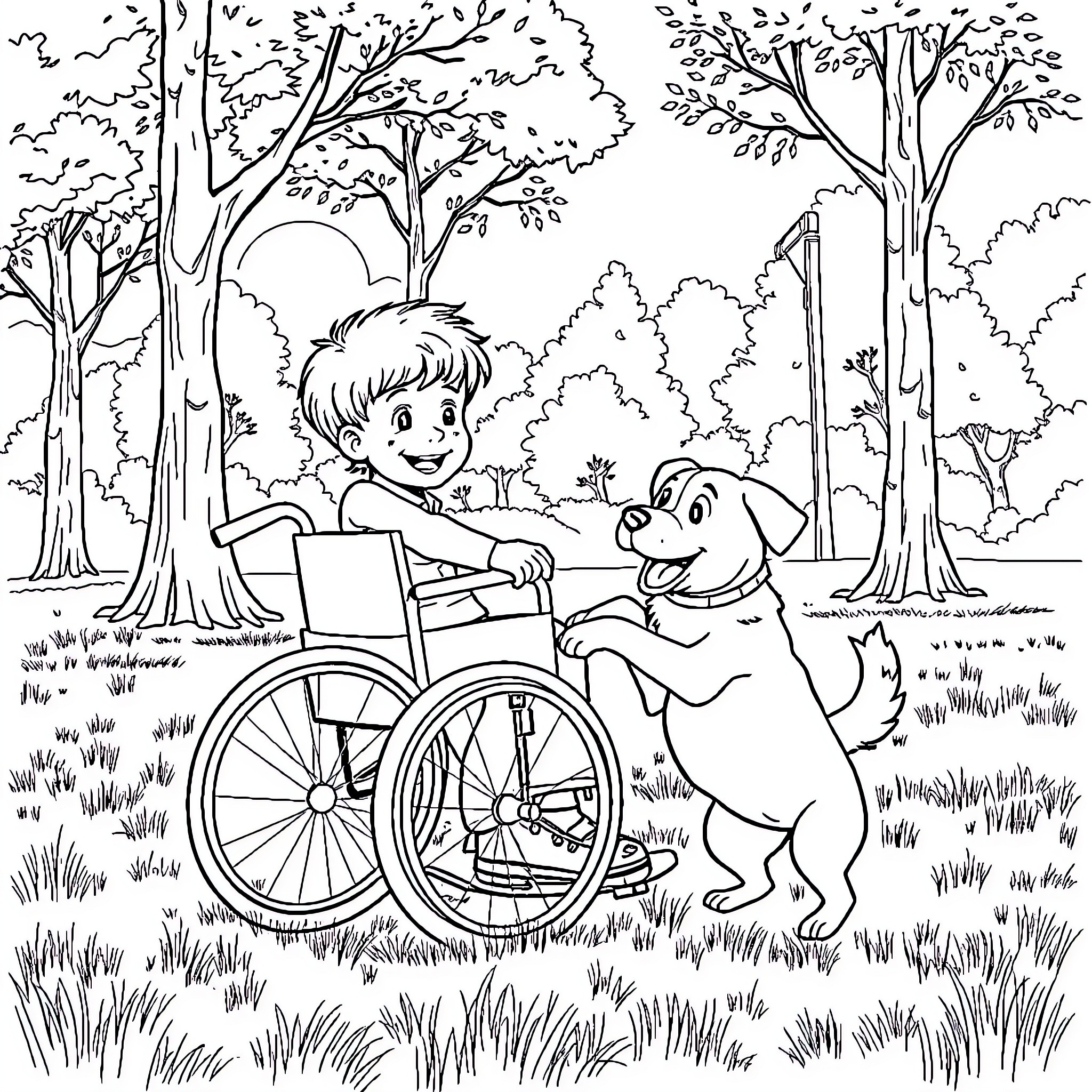 Boy in wheelchair playing with dog in the park Coloring Page (free black-and-white line drawing printable PDF for all, from beginners to advanced learners, including children, teens, adults, and seniors)