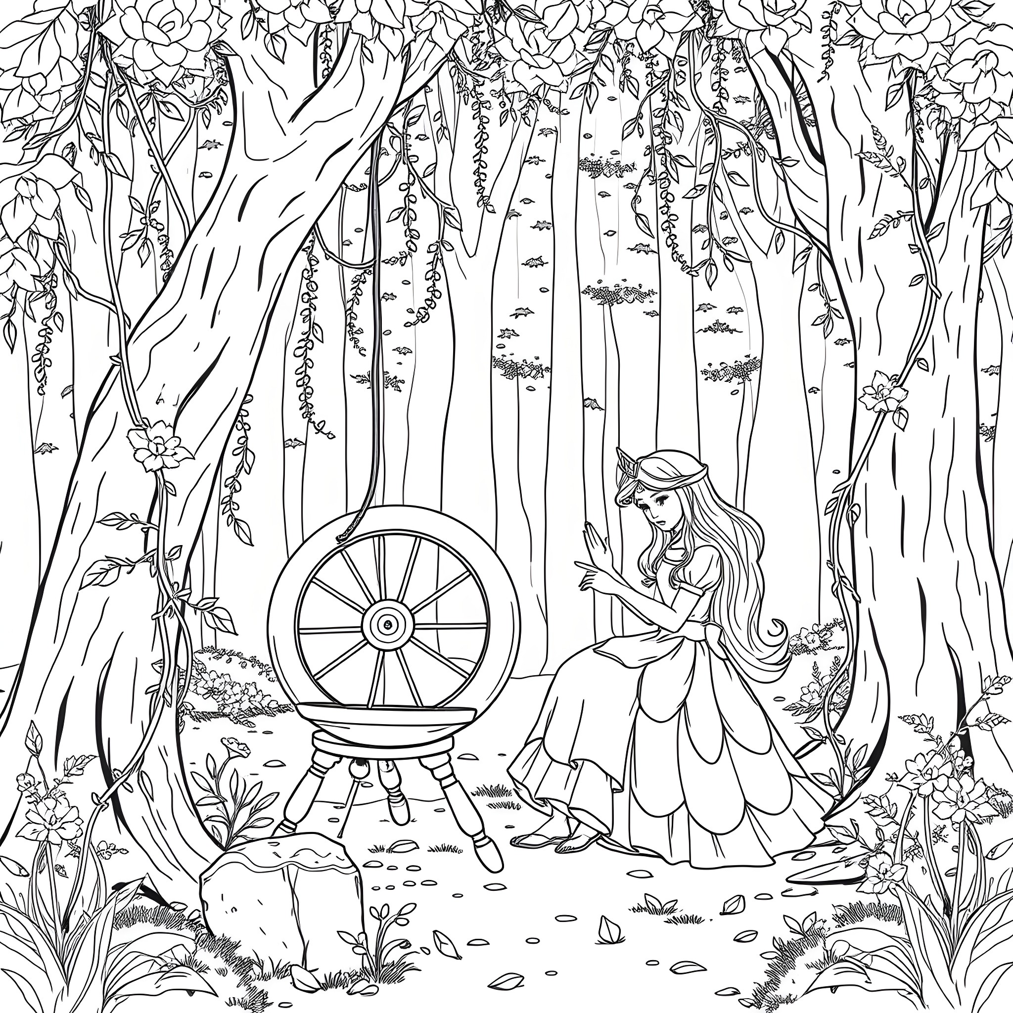 Sleeping Beauty in a Magical Forest Coloring Page (free black-and-white line drawing printable PDF for all, from beginners to advanced learners, including children, teens, adults, and seniors)
