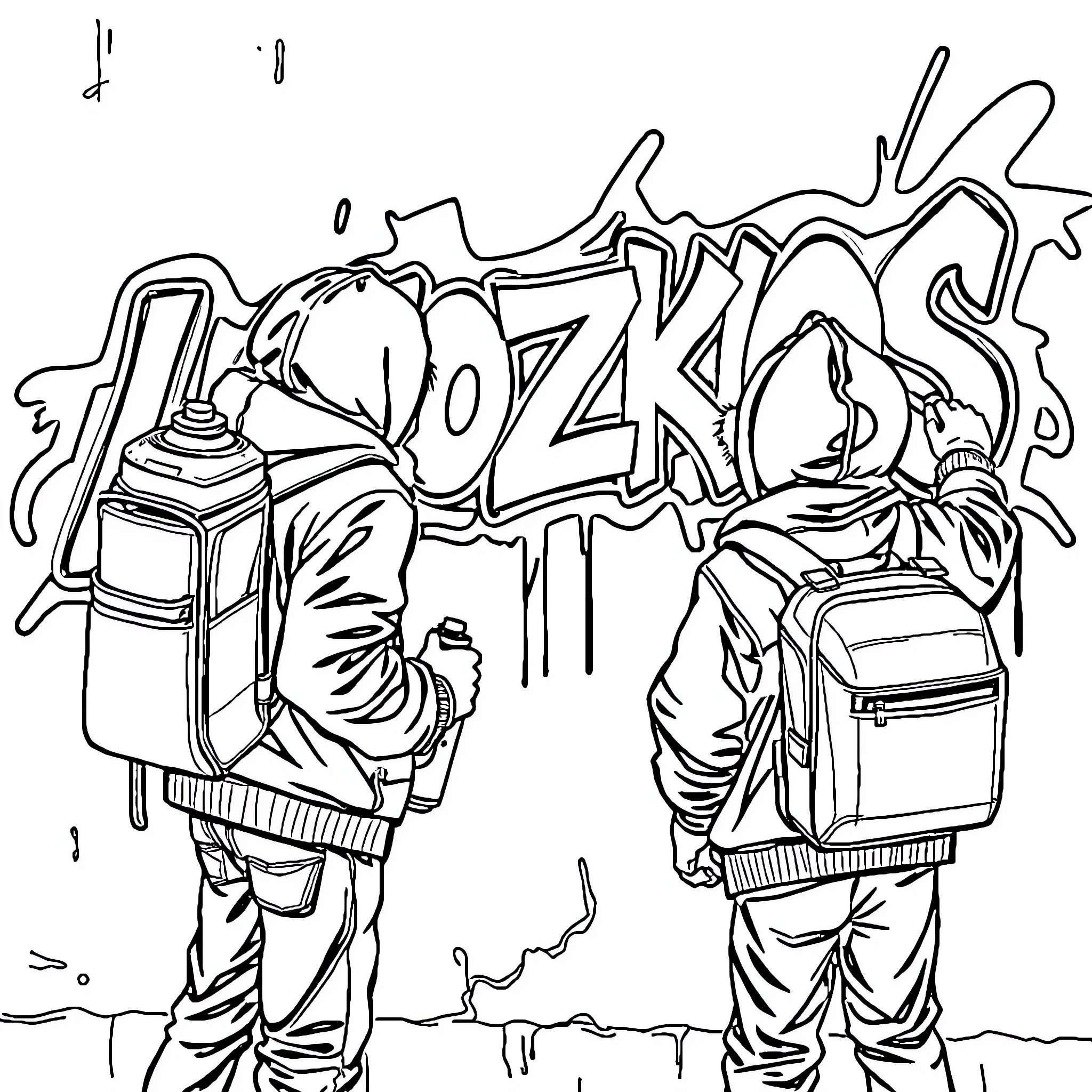 Niños spraying graffiti on the wall Coloring Page (free black-and-white line drawing printable PDF for all, from beginners to advanced learners, including children, teens, adults, and seniors)