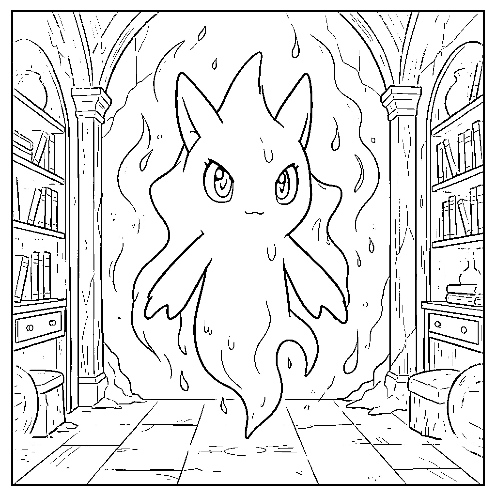 Pokémon floating mysteriously in a grand library Coloring Page (free black-and-white line drawing printable PDF for all, from beginners to advanced learners, including children, teens, adults, and seniors)