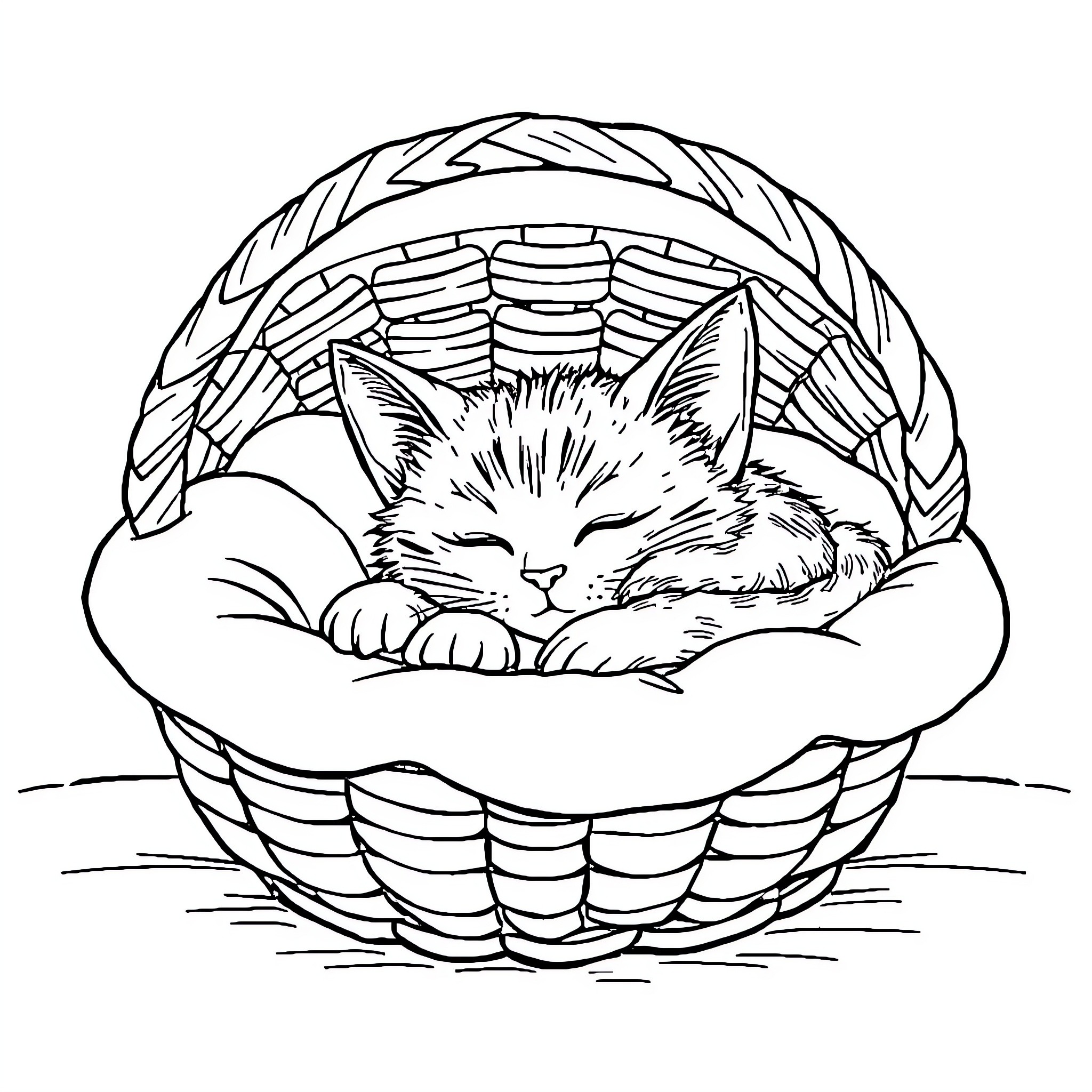 Cat sleeping peacefully in a woven basket Coloring Page (free black-and-white line drawing printable PDF for all, from beginners to advanced learners, including children, teens, adults, and seniors)