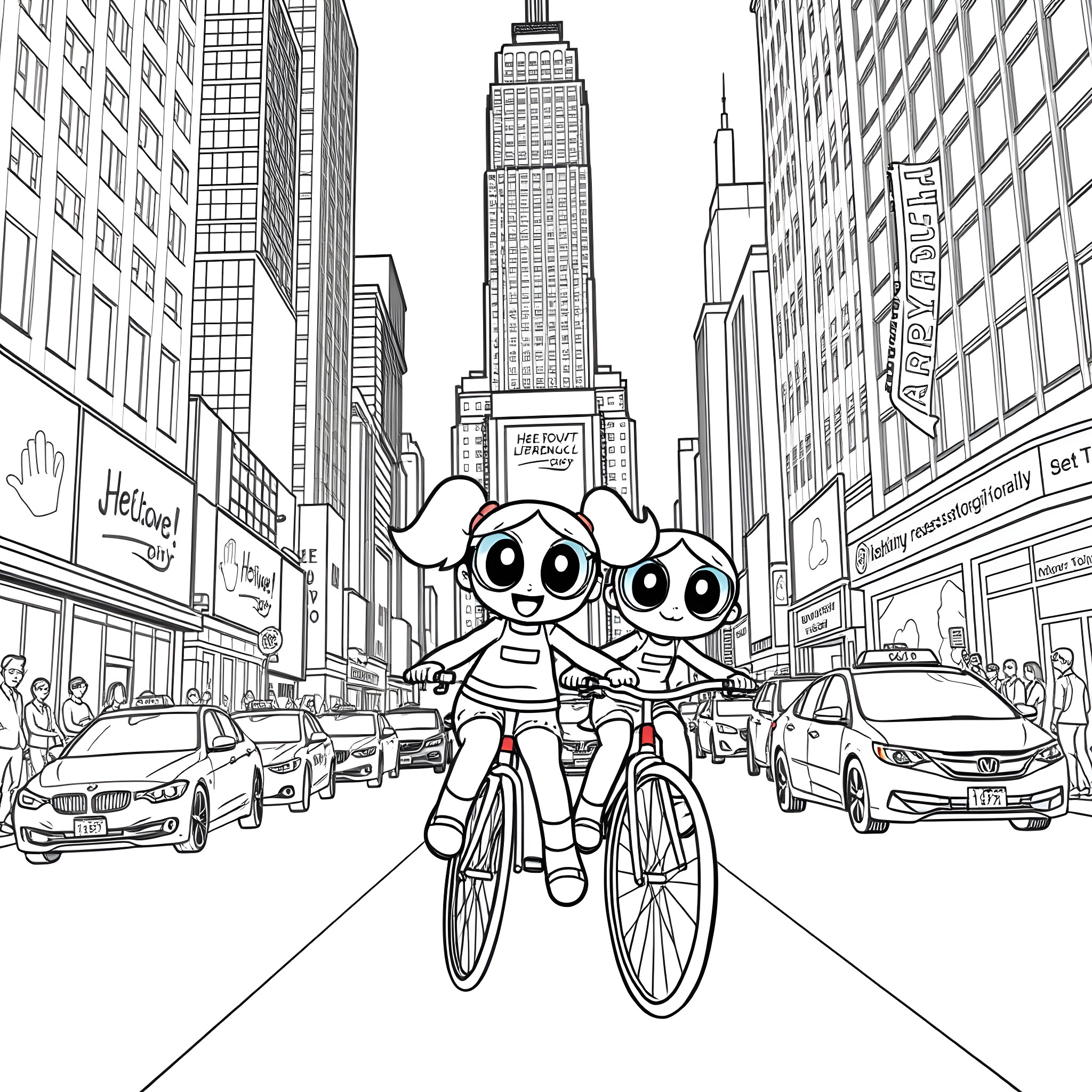 Powerpuff Girls exploring the bustling city streets Coloring Page (free black-and-white line drawing printable PDF for all, from beginners to advanced learners, including children, teens, adults, and seniors)