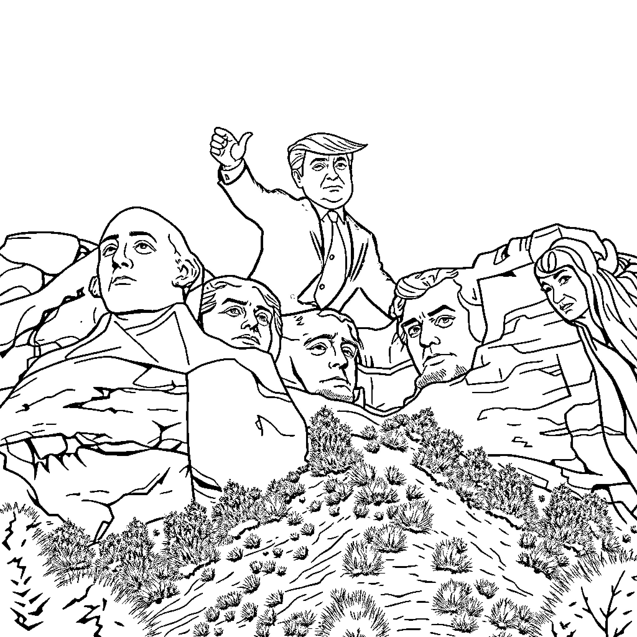 Trump Addressing Supporters on Mount Rushmore Coloring Page (free black-and-white line drawing printable PDF for all, from beginners to advanced learners, including children, teens, adults, and seniors)