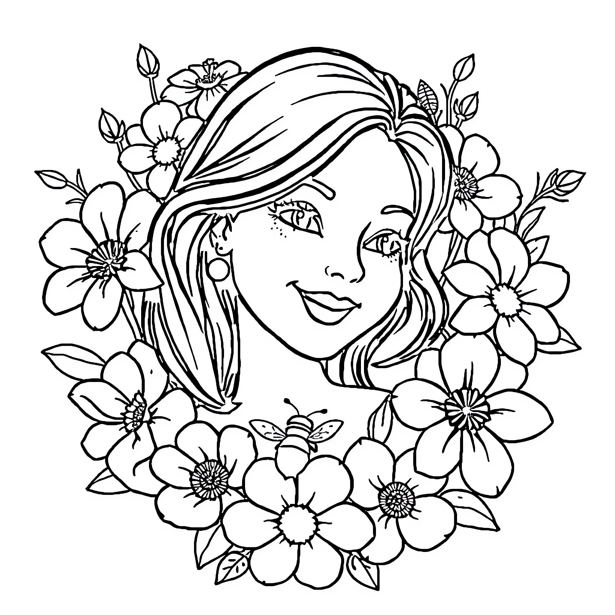 Logo of a woman with floral wreath Coloring Page (free black-and-white line drawing printable PDF for all, from beginners to advanced learners, including children, teens, adults, and seniors)