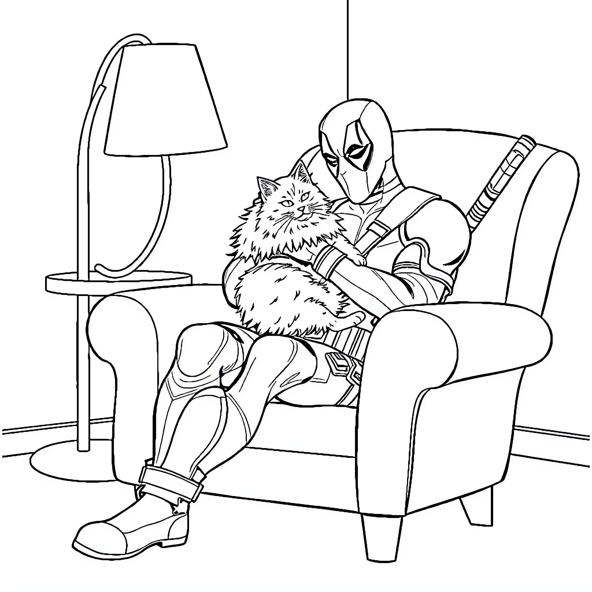 Deadpool relaxing with a furry companion Coloring Page (free black-and-white line drawing printable PDF for all, from beginners to advanced learners, including children, teens, adults, and seniors)
