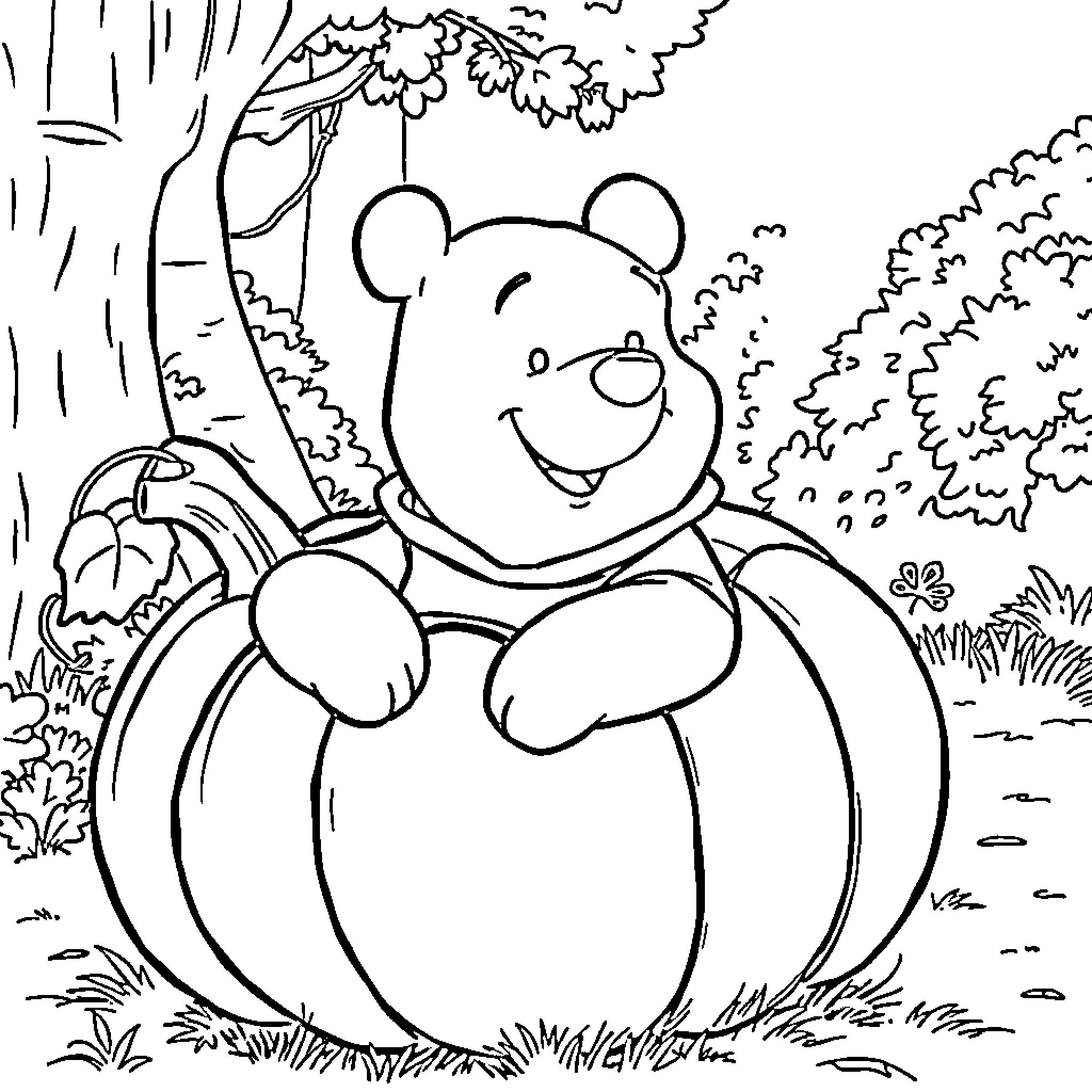 Winnie The Pooh enjoying a pumpkin in the forest Coloring Page (free black-and-white line drawing printable PDF for all, from beginners to advanced learners, including children, teens, adults, and seniors)