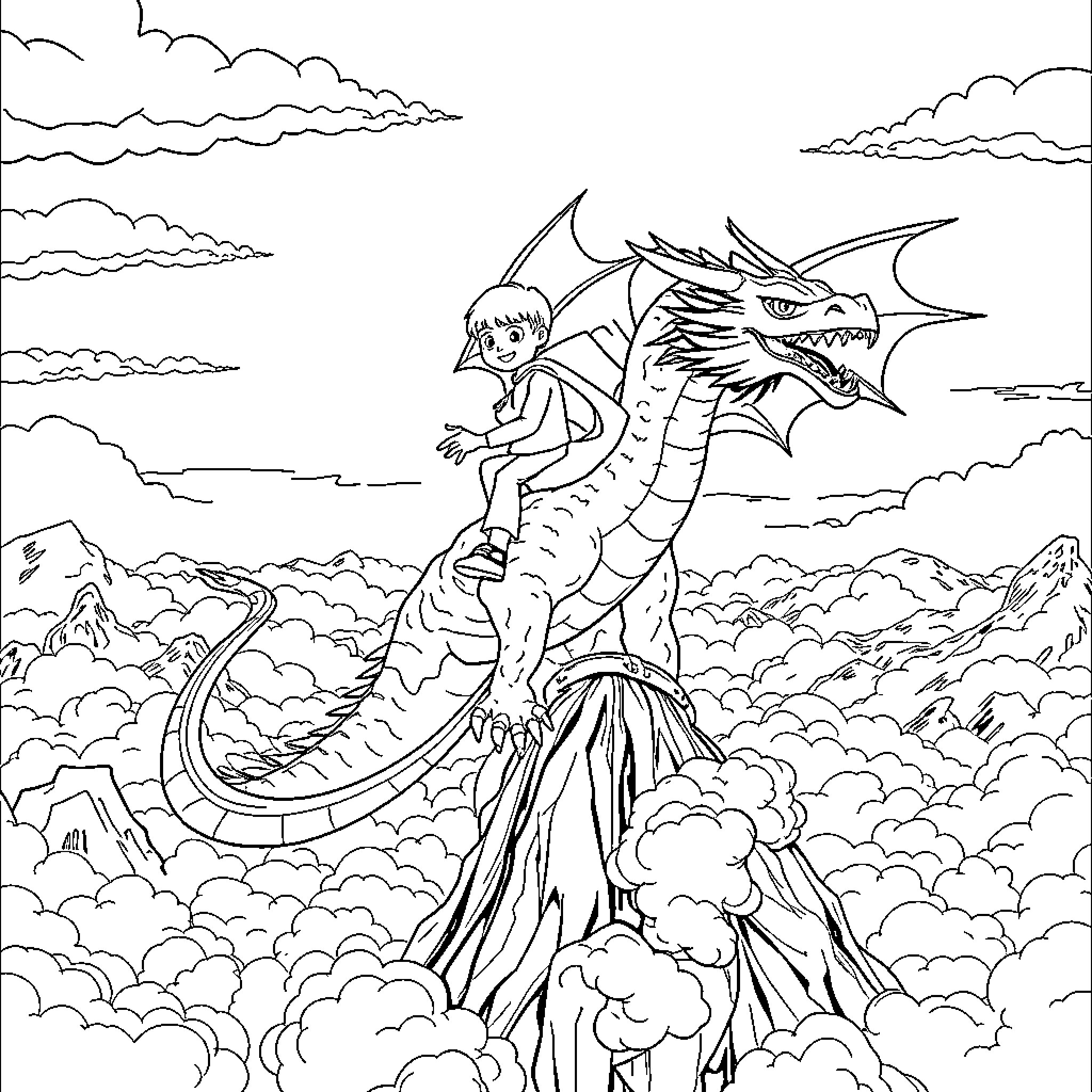 Jake Peralta riding a dragon in the clouds Coloring Page (free black-and-white line drawing printable PDF for all, from beginners to advanced learners, including children, teens, adults, and seniors)