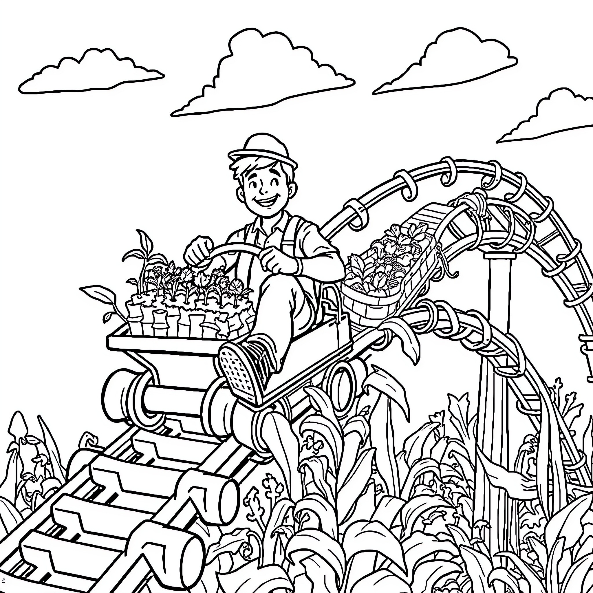 Guy riding rollercoaster and holding basket of produce Coloring Page (free black-and-white line drawing printable PDF for all, from beginners to advanced learners, including children, teens, adults, and seniors)