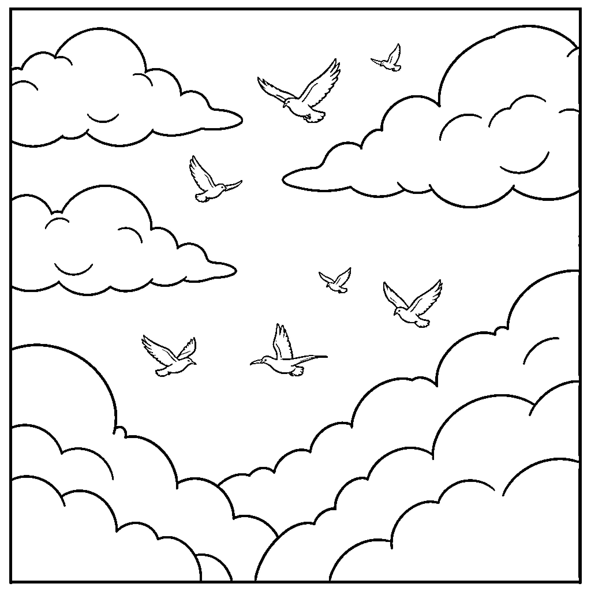 Cloud with flying birds in the sky Coloring Page (free black-and-white line drawing printable PDF for all, from beginners to advanced learners, including children, teens, adults, and seniors)