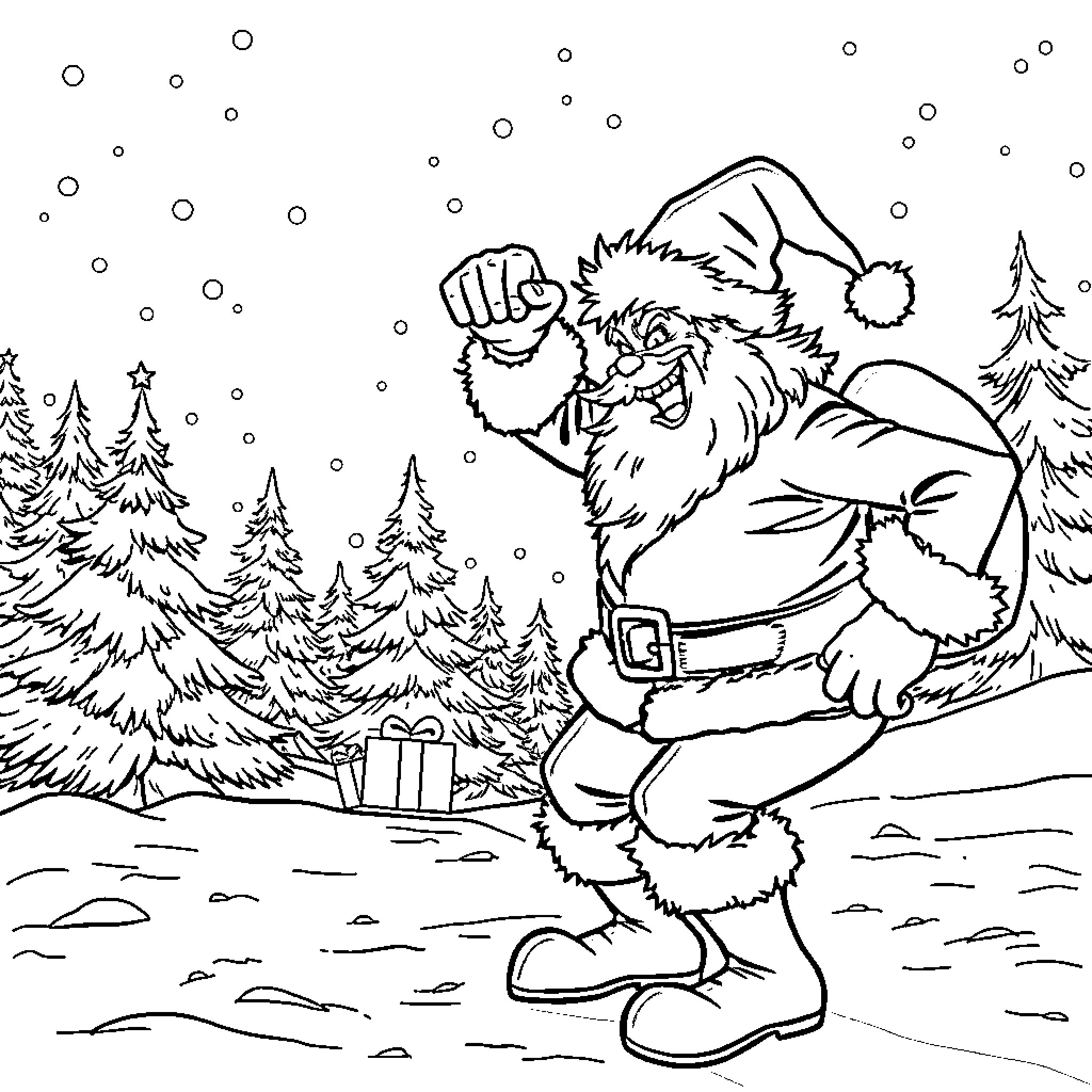 Santa waving in a snowy winter landscape Coloring Page (free black-and-white line drawing printable PDF for all, from beginners to advanced learners, including children, teens, adults, and seniors)
