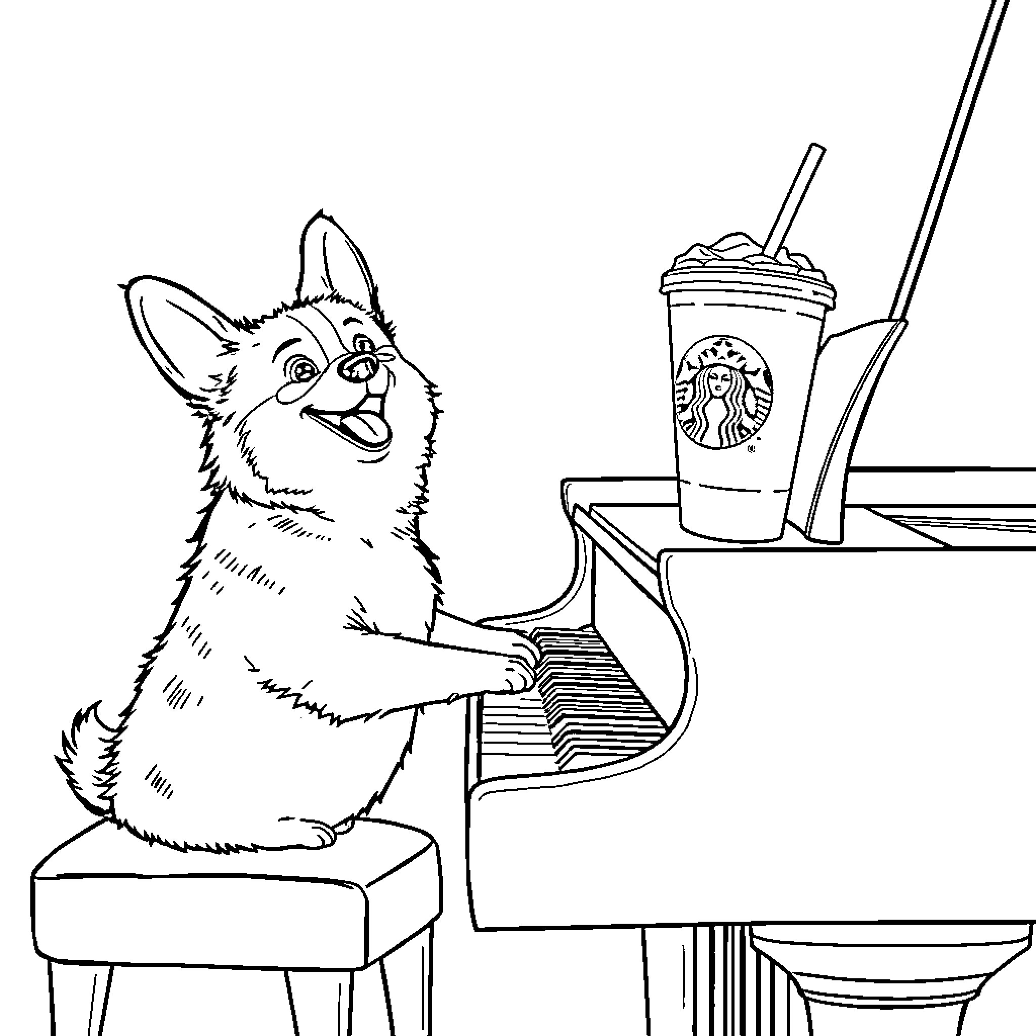 Corgi playing piano and enjoying coffee Coloring Page (free black-and-white line drawing printable PDF for all, from beginners to advanced learners, including children, teens, adults, and seniors)