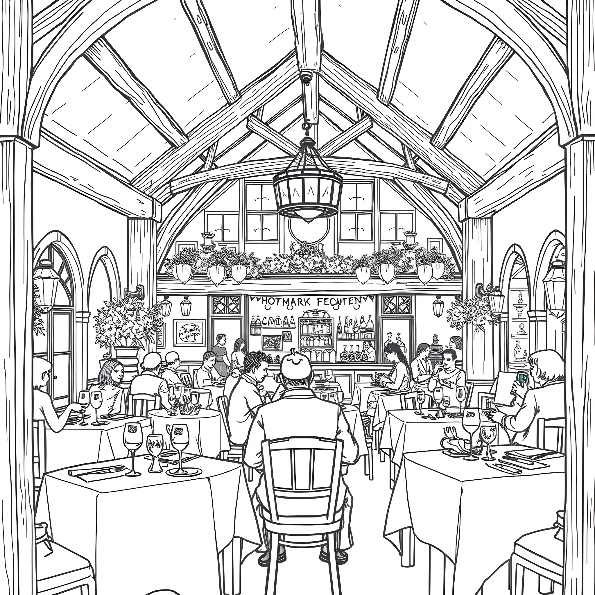 Restaurant with customers dining in a cozy setting Coloring Page (free black-and-white line drawing printable PDF for all, from beginners to advanced learners, including children, teens, adults, and seniors)